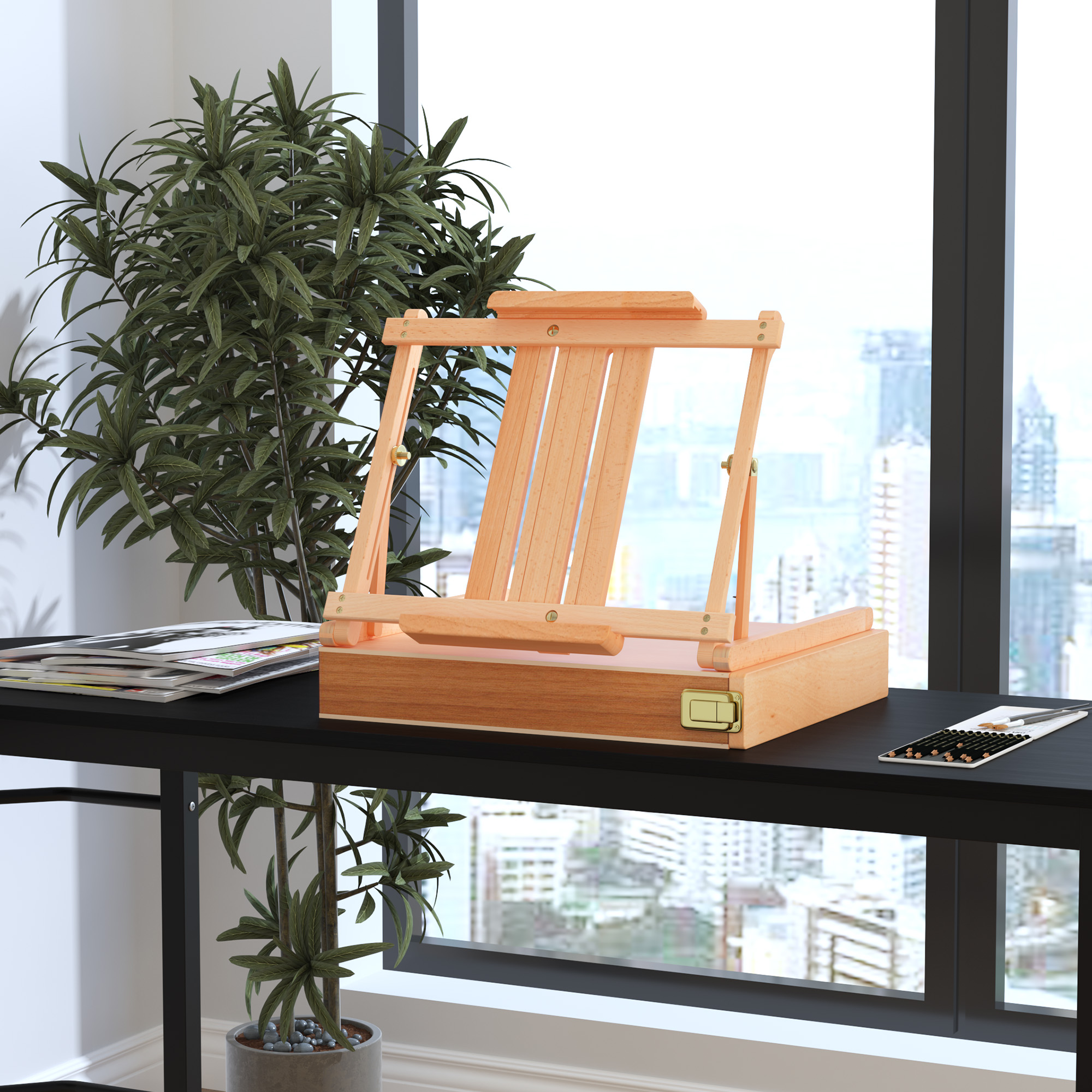 Tischstaffelei Winkelverstellbare Staffelei mit Griff Kofferstaffelei zum Malen & Zeichnen Faltbare Atelierstaffelei mit Schublade Buchenholz Natur