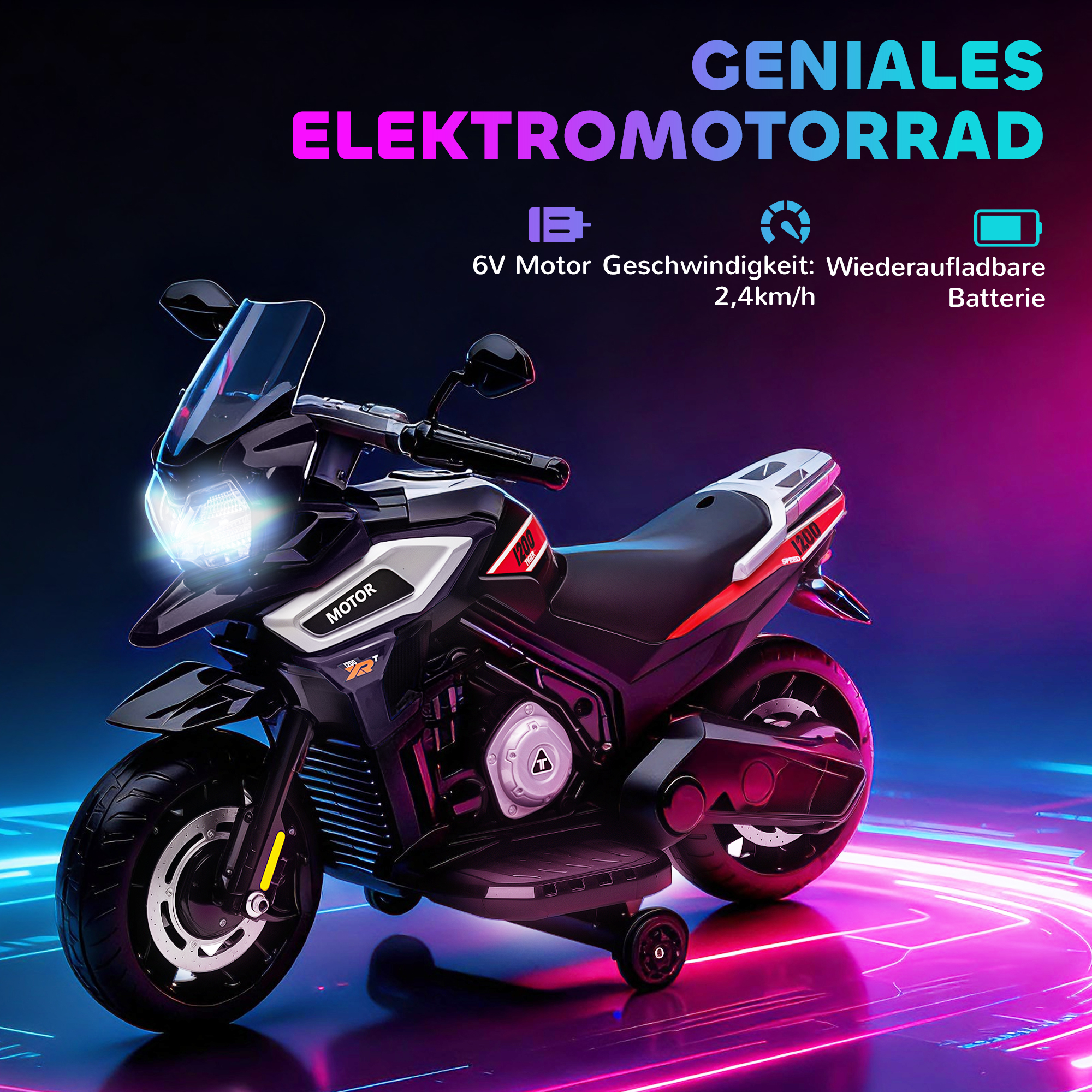 Elektro-Motorrad für Kinder von 18-36 Monaten, Aufsitz-Fahrzeug, Hilfsräder, Lichter, Musik, Kunststoff, Stahl, Schwarz