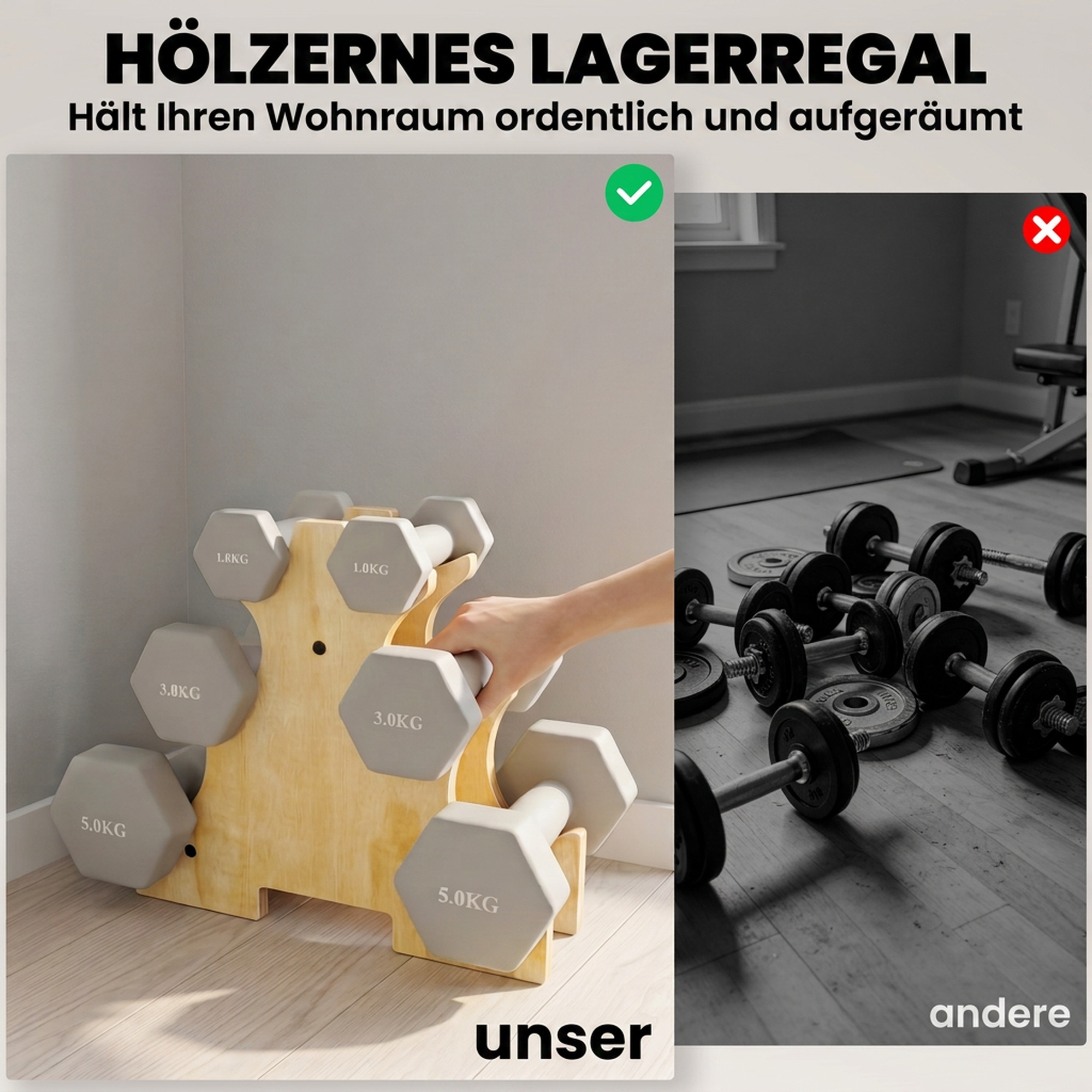 Hanteln Set 3 Paar 1kg 3kg 5kg Kurzhanteln mit Holzständer, rutschfeste Griff, Gusseisen Hexagon Hellgrau