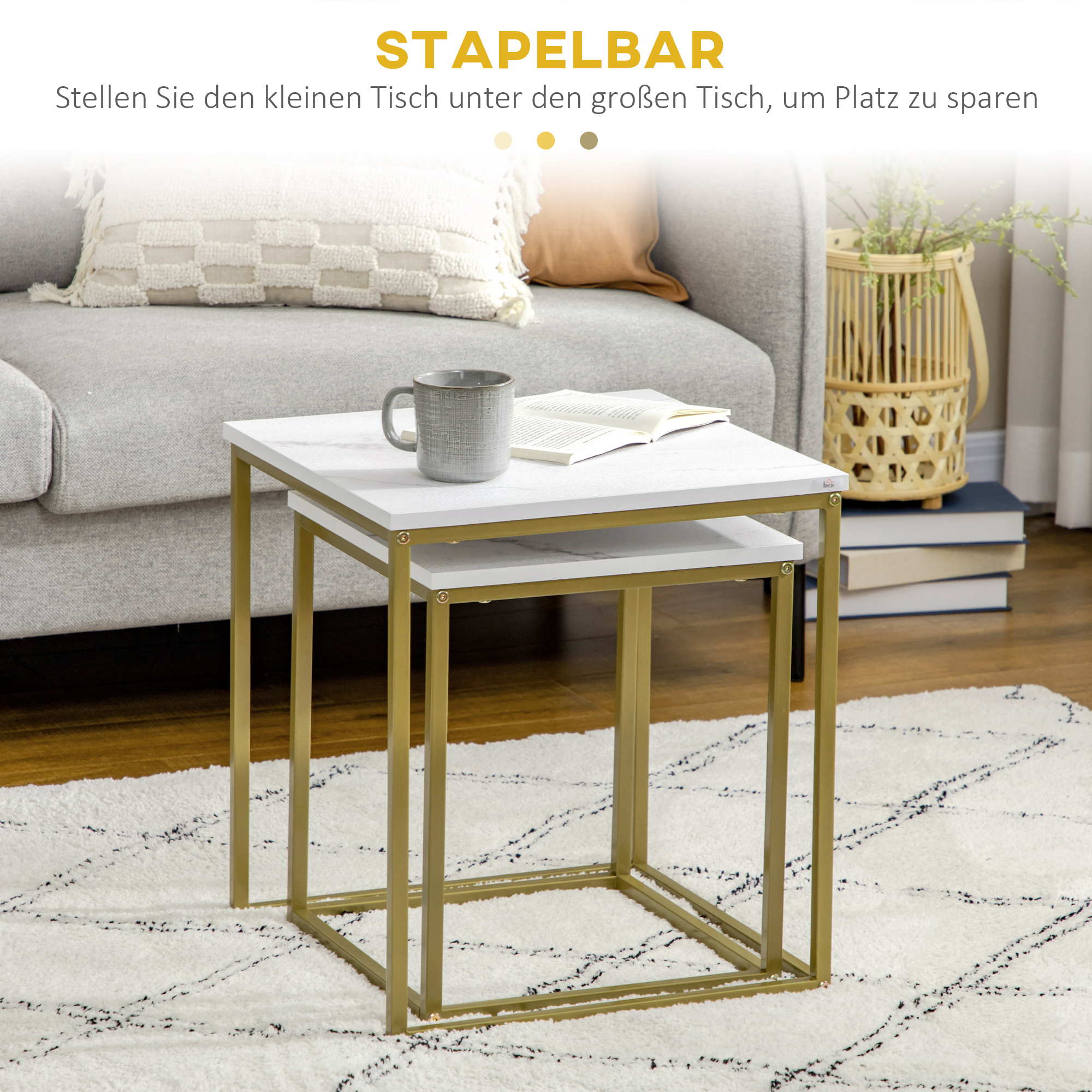 2er-Set Beistelltische, stapelbare Beistelltische, Tischplatte in Marmoroptik, Gold + Weiß