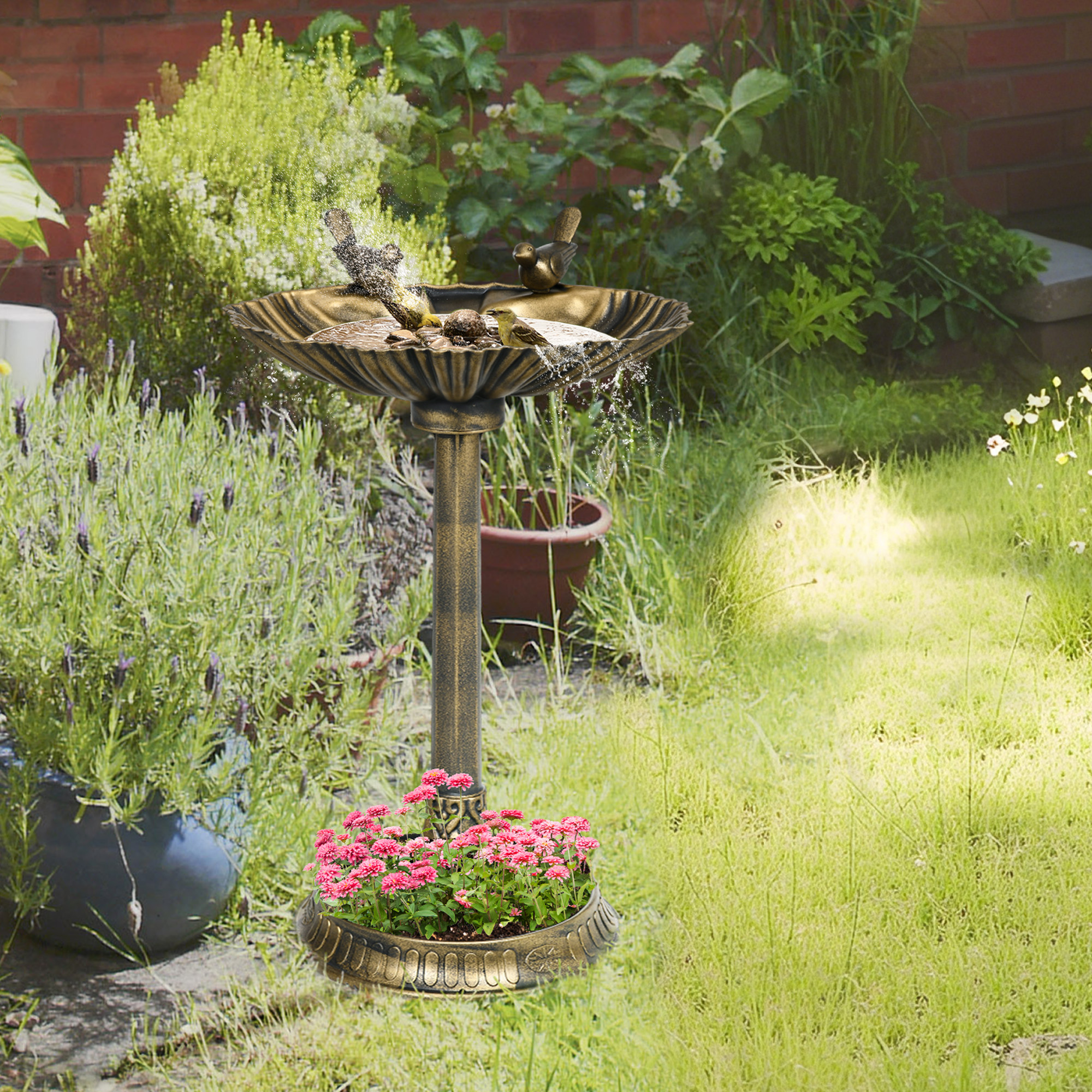 Vogeltränke, Vogelbad mit Statuen, 2 Becken, Kunststoff, antiker Look, 49,5L x 38B x 81H cm, Bronzefarben