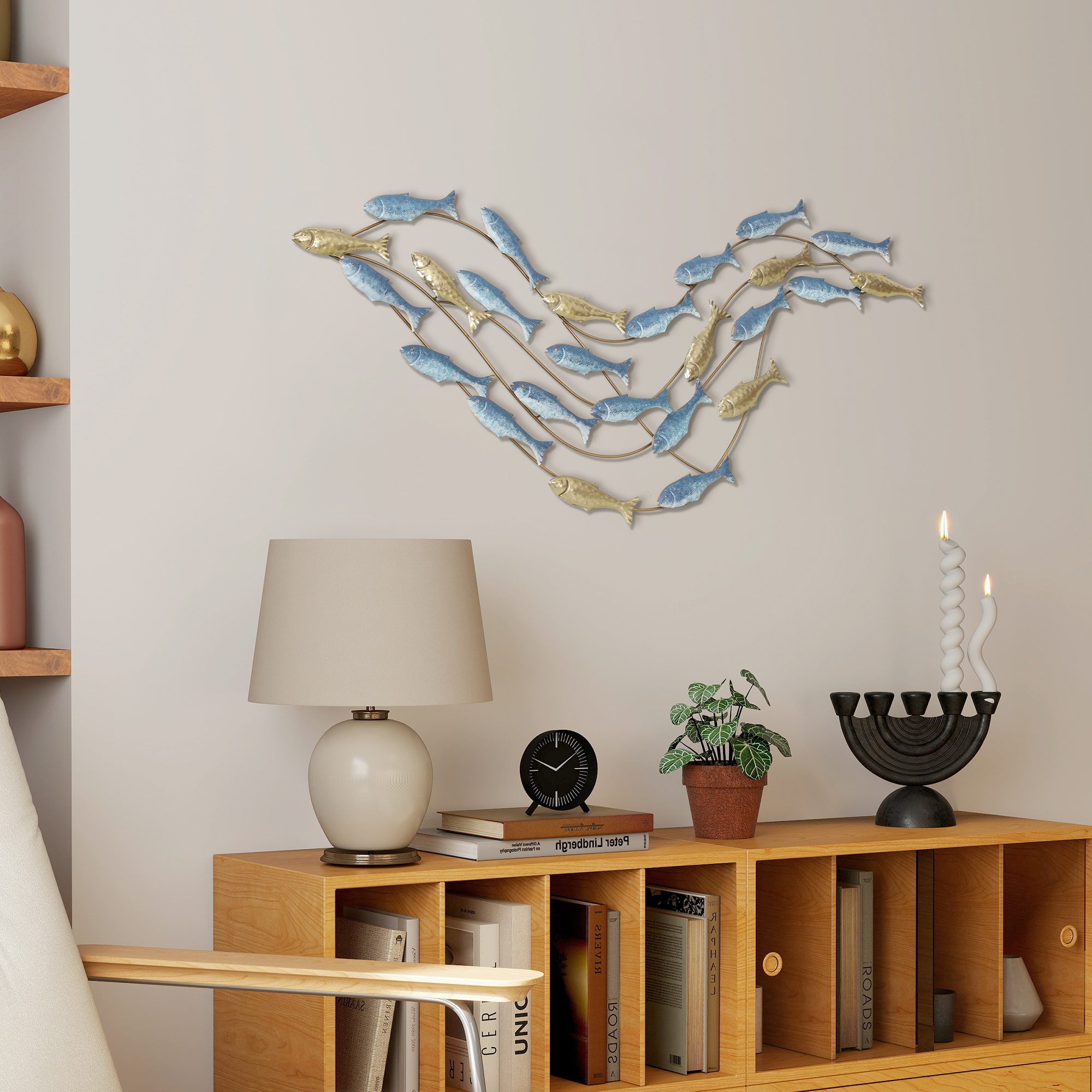 Wandkunst aus Metall, Fischdesign, rostbeständig, moderner Stil, elegant, Hellblau