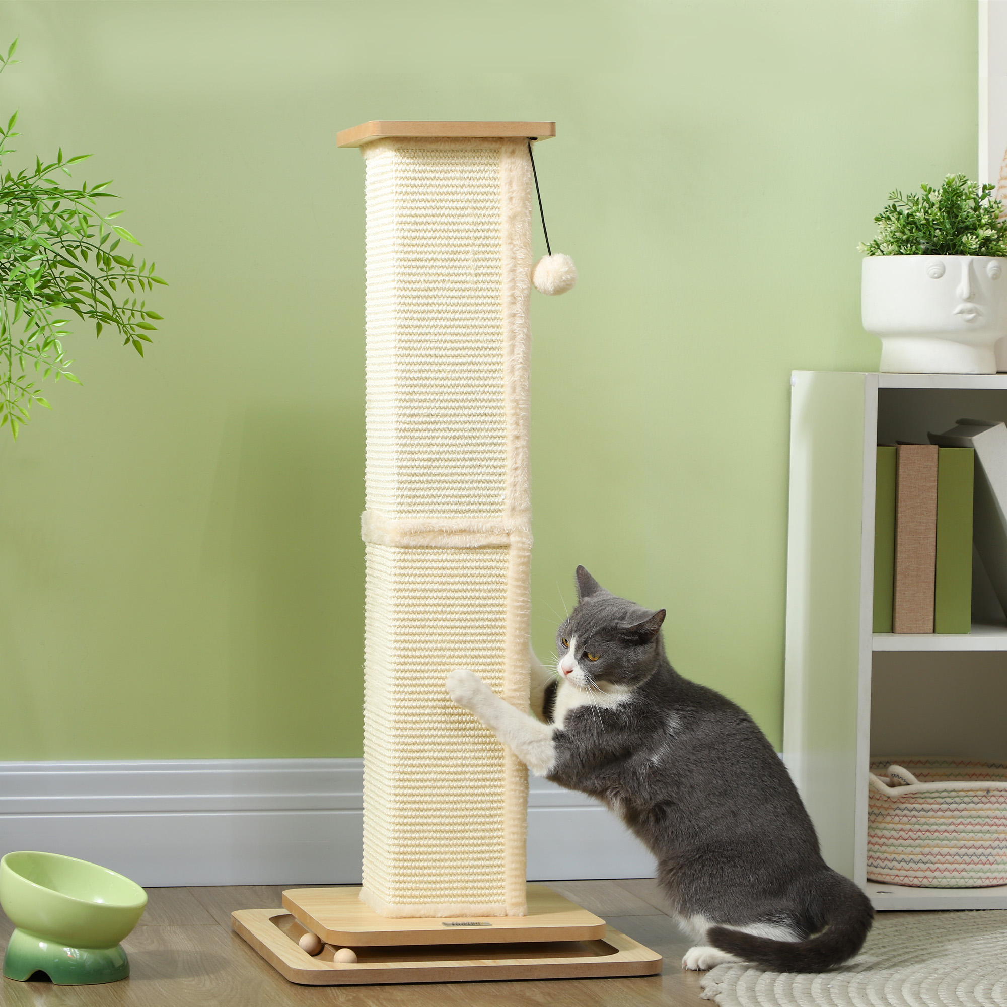 3-in-1-Kratzbaum mit Spielschiene, Spielball, Sisal, bis 10 kg, 39,5 x 39,5 x 87 cm, Eiche/Creme