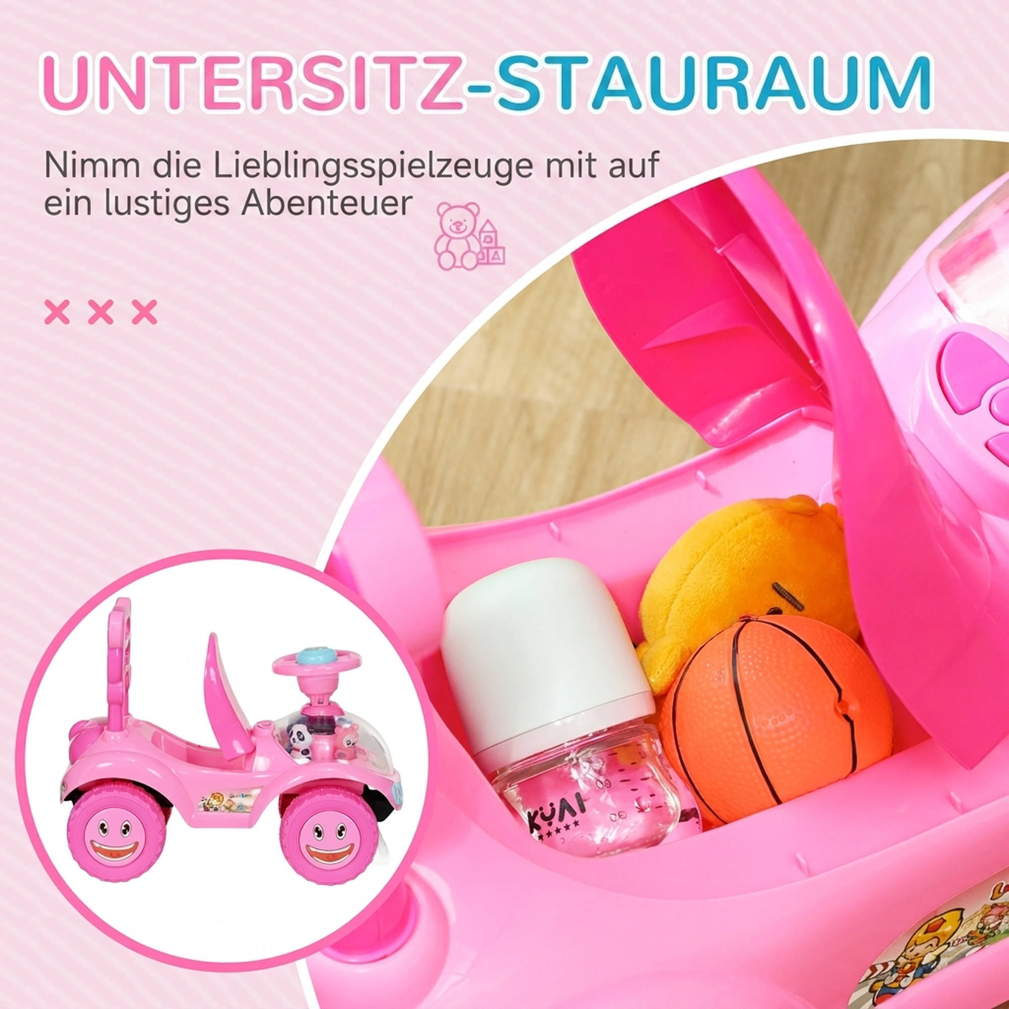 Rutschauto Kinder Rutschfahrzeug mit Musik Hupe, Licht Anti-Kipp-Schutz & Stauraum unter dem Sitz, 18-36 Monaten, Rosa