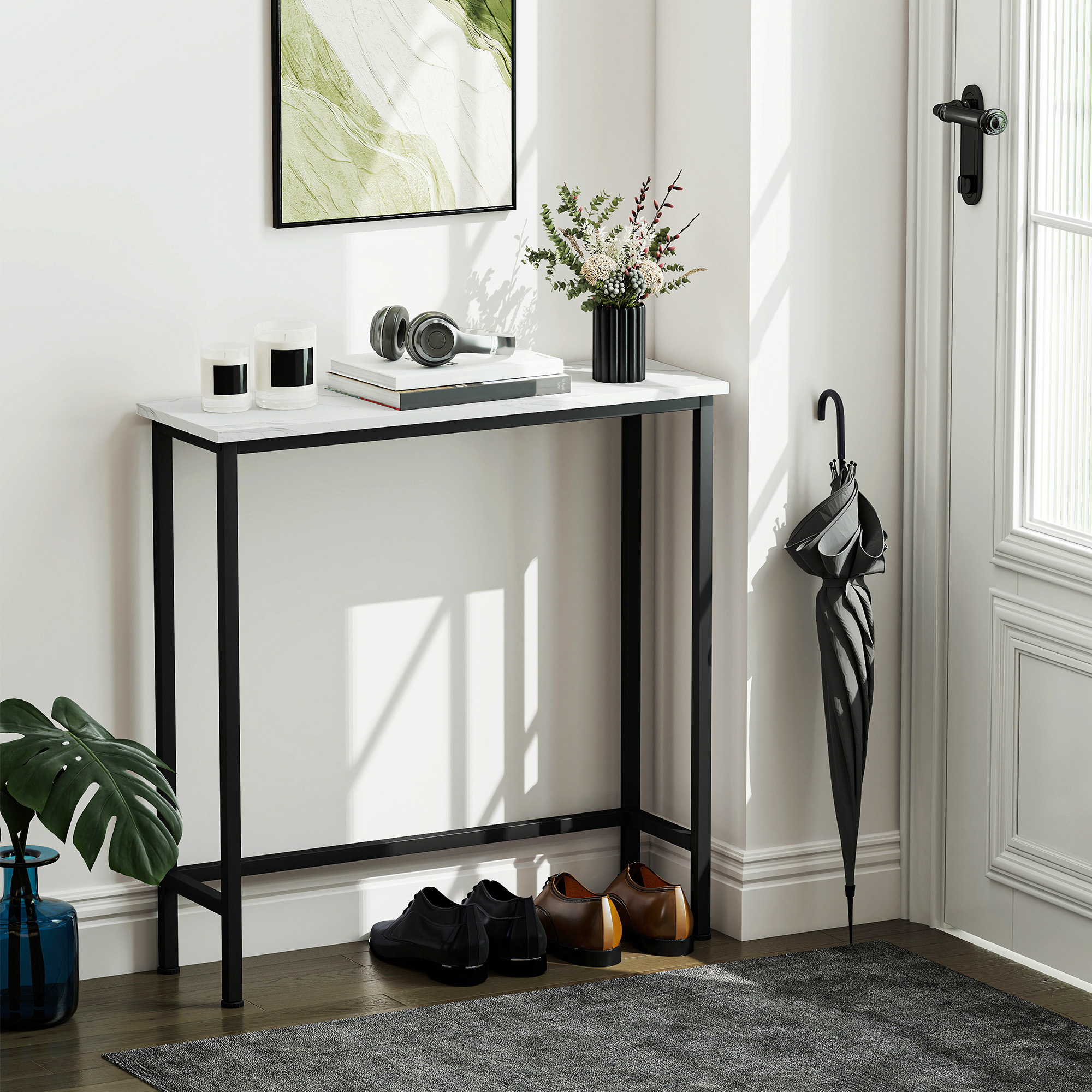 Konsolentisch Flurtisch mit verstellbar Fußpads, Kippschutz 75 x 24 x 76 cm für Kleinen Raum Schwarz