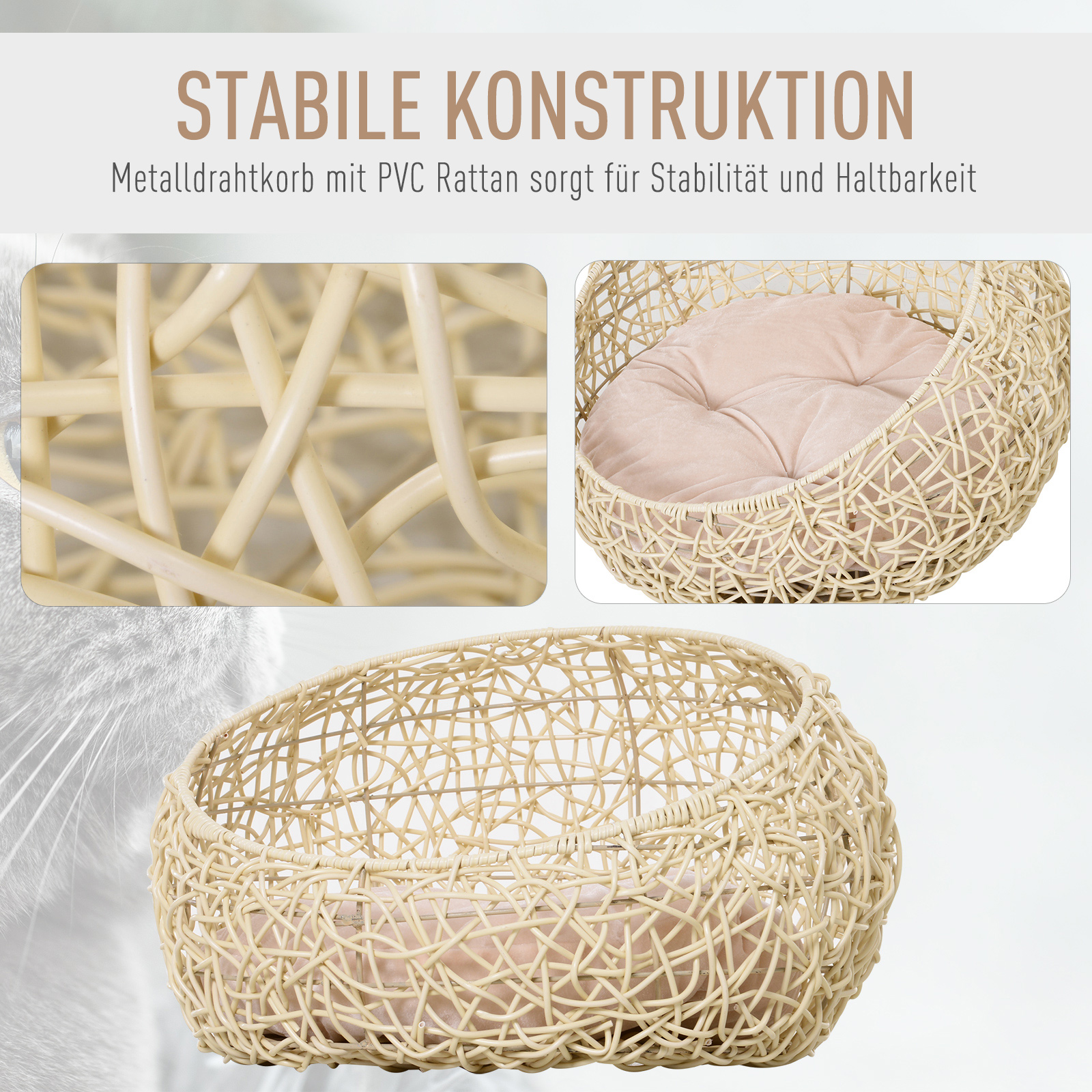 Rattan Katzenhöhle Katzenbett Katzenhaus mit Kissen Katzenzelt Haustierhaus für Katzen Hunde Beige Ø56 x 35 cm