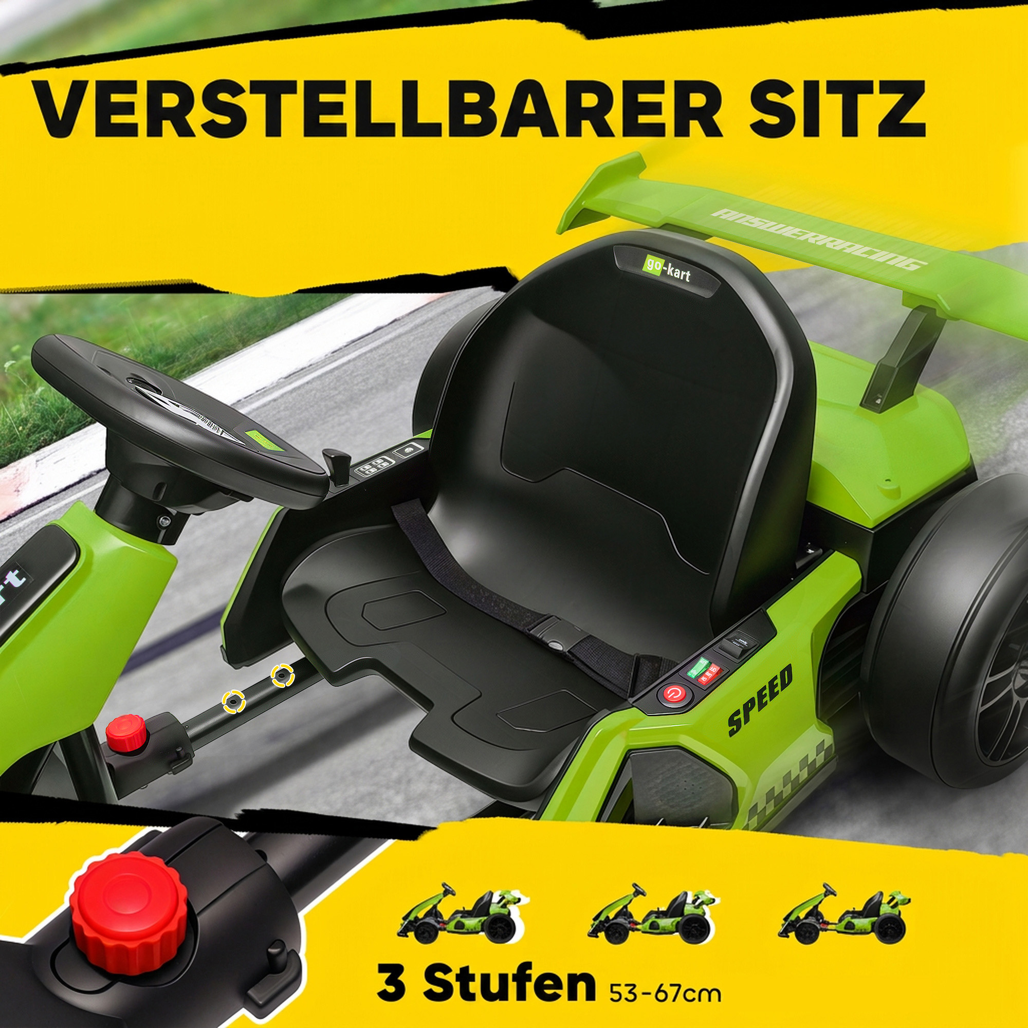 24V Elektro Go-Kart, für Kinder, bis 12 Km/h Gokart mit Drift-Funktion, 2 Motoren, verstellbarer Sitz, Sanftanlauf, grün