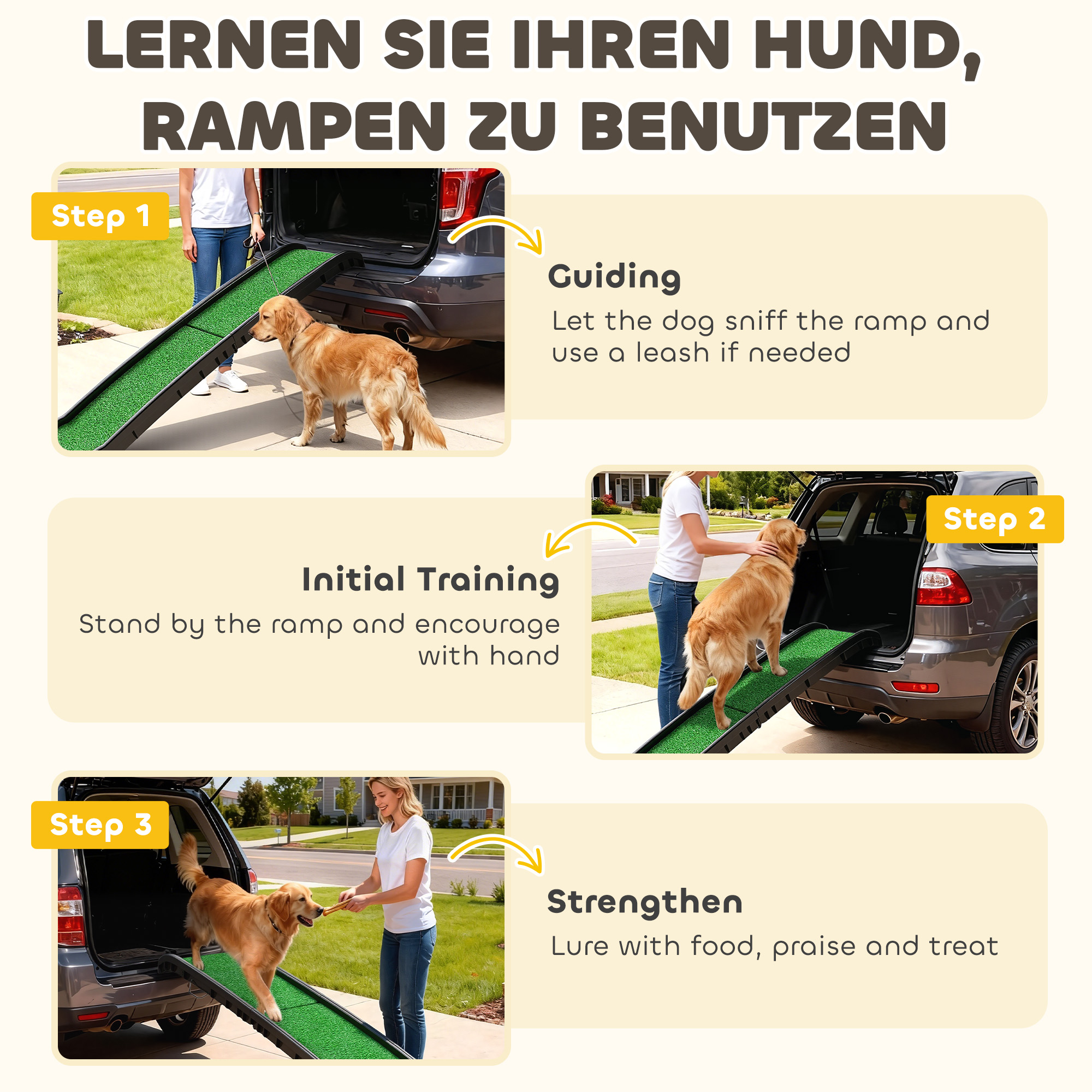 Hunderampe klappbar Hundetreppe rutschfest Einstiegshilfe für Kofferraum, für Tiere bis 90 kg 155x38,5x15,5 cm Schwarz