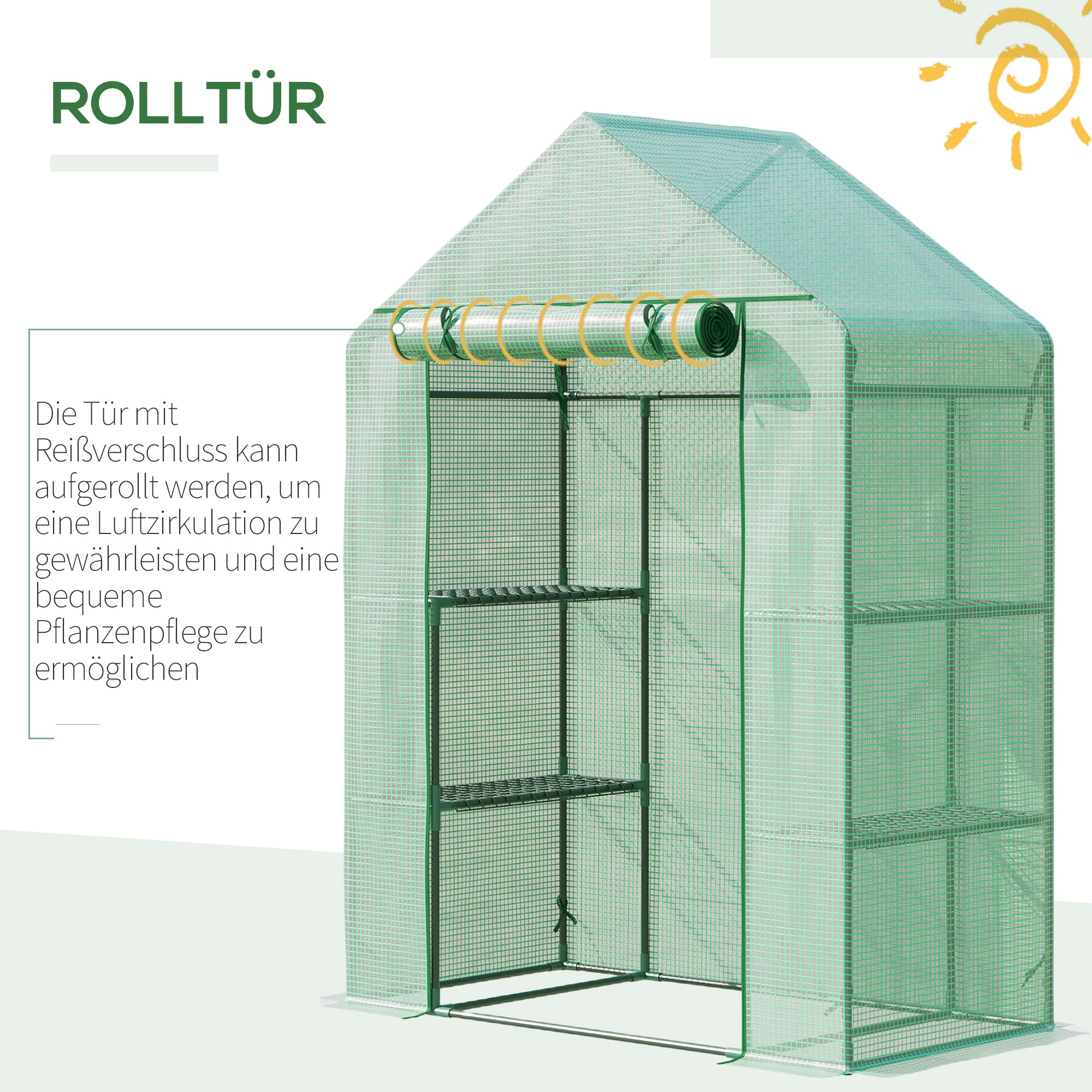 Foliengewächshaus Gewächshaus mit 6 Regalebenen begehbares Gartenhäuschen Treibhaus Tomatenhaus Pflanzenhaus mit aufrollbarem Eingang Frühbeet Grün 141 x 72 x 191 cm