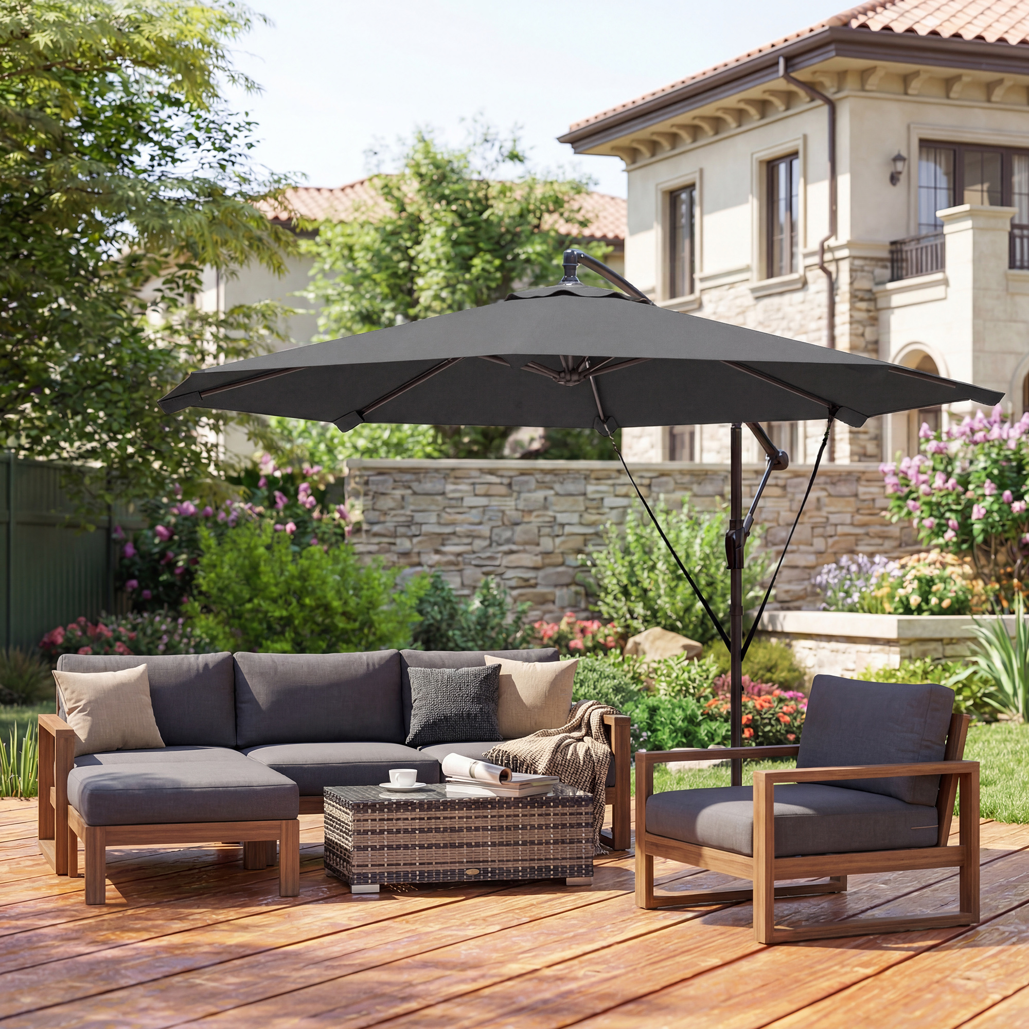 Ampelschirm ca. Ø300 cm Neigbar Sonnenschirm mit Kurbel Kreuzfuß Windseilen Schutzhülle Dunkelgrau