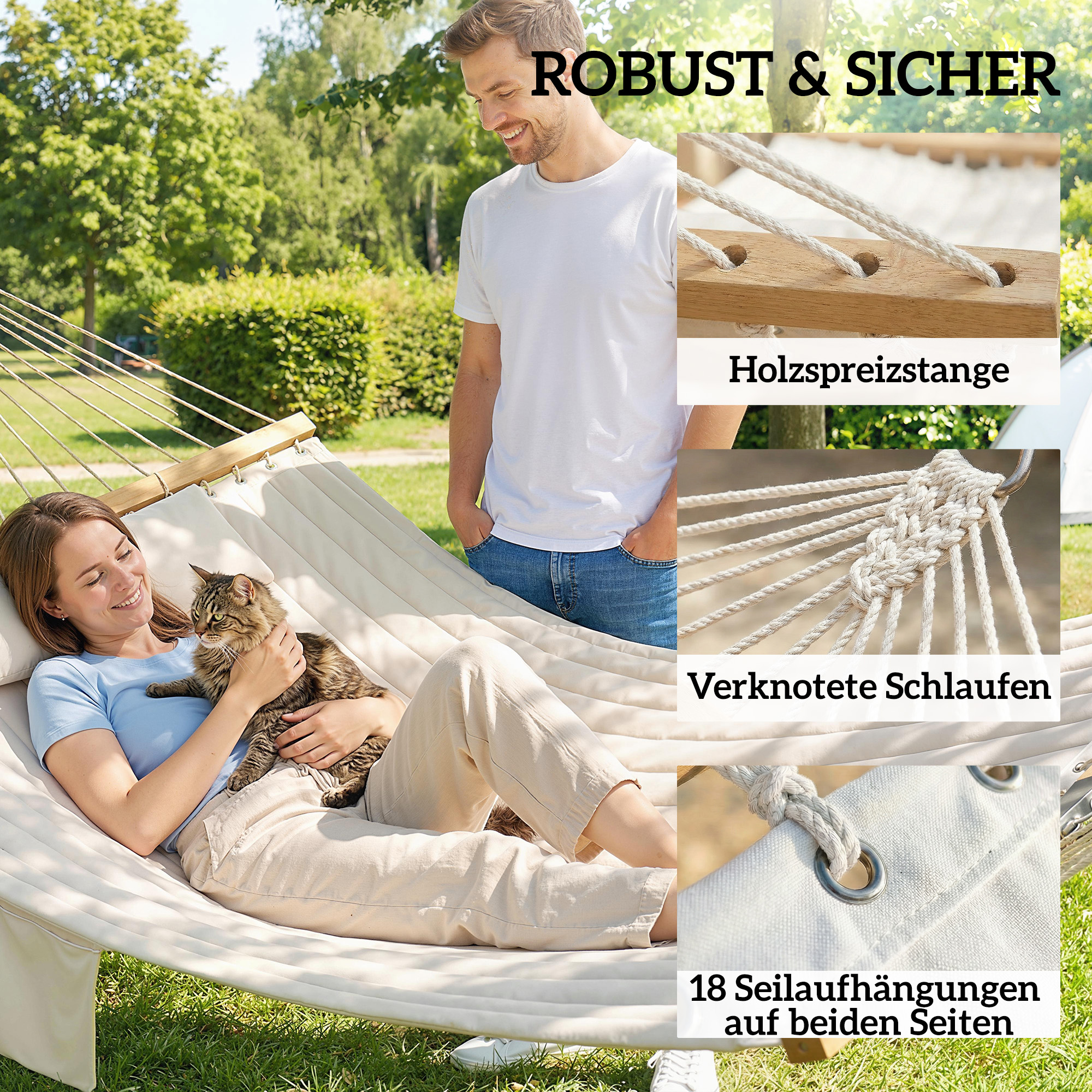 Hängematte Outdoor 200x140cm, zweilagig Hängematte mit Kopfstütze Magazintasche Holzstäbe bis 200kg