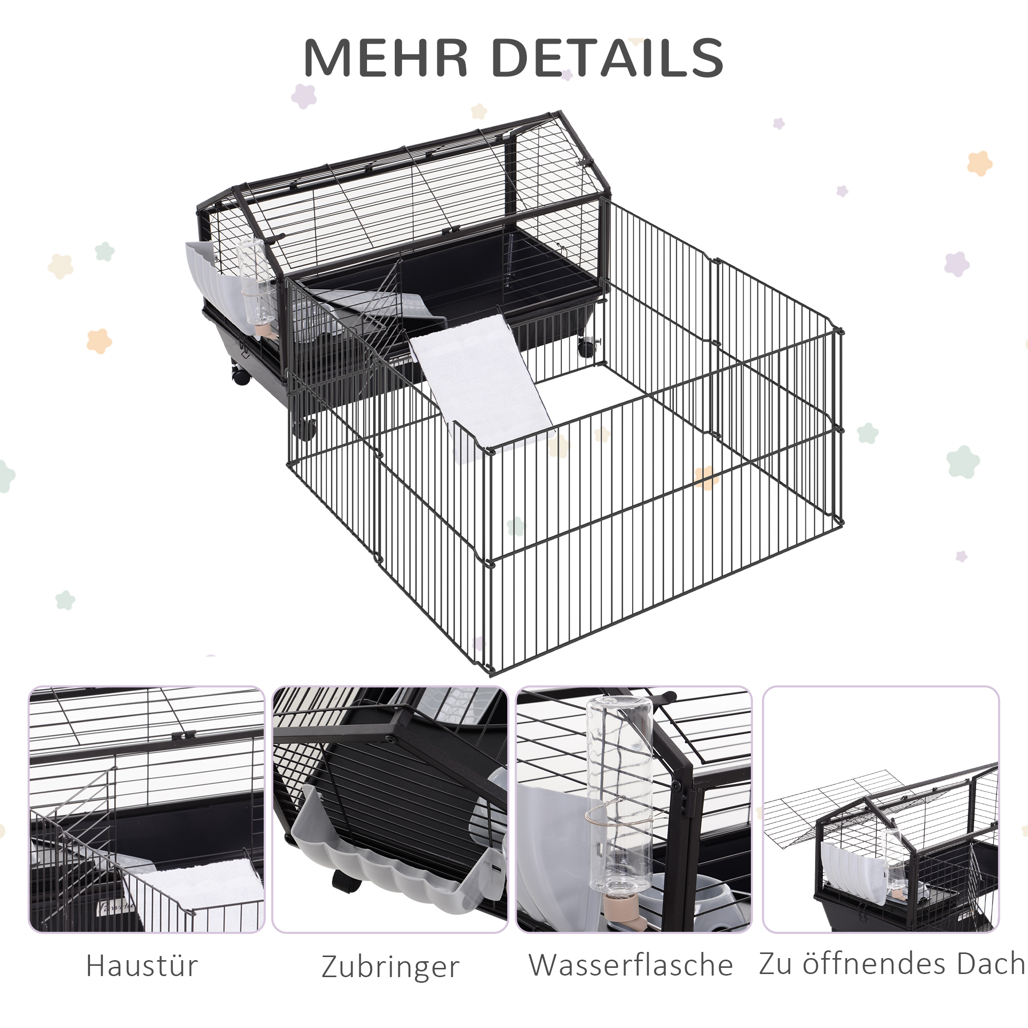 Kleintierkäfig mit Freigehege inkl, Zubehör 88 cm x 128,5 cm x 56 cm  4 Rollen Schwarz Metall Polypropylen