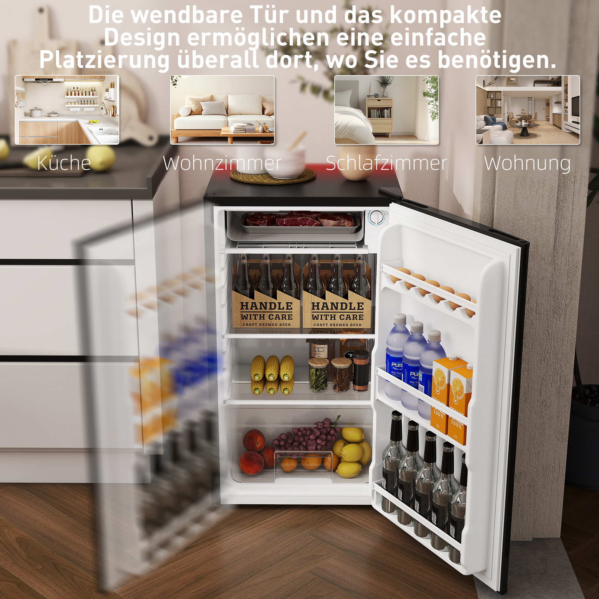 Mini-Kühlschrank, 91 Liter Kapazität, Gefrierfach, verstellbare Fächer, leiser Betrieb, kompakte Größe, Stahl, Schwarz