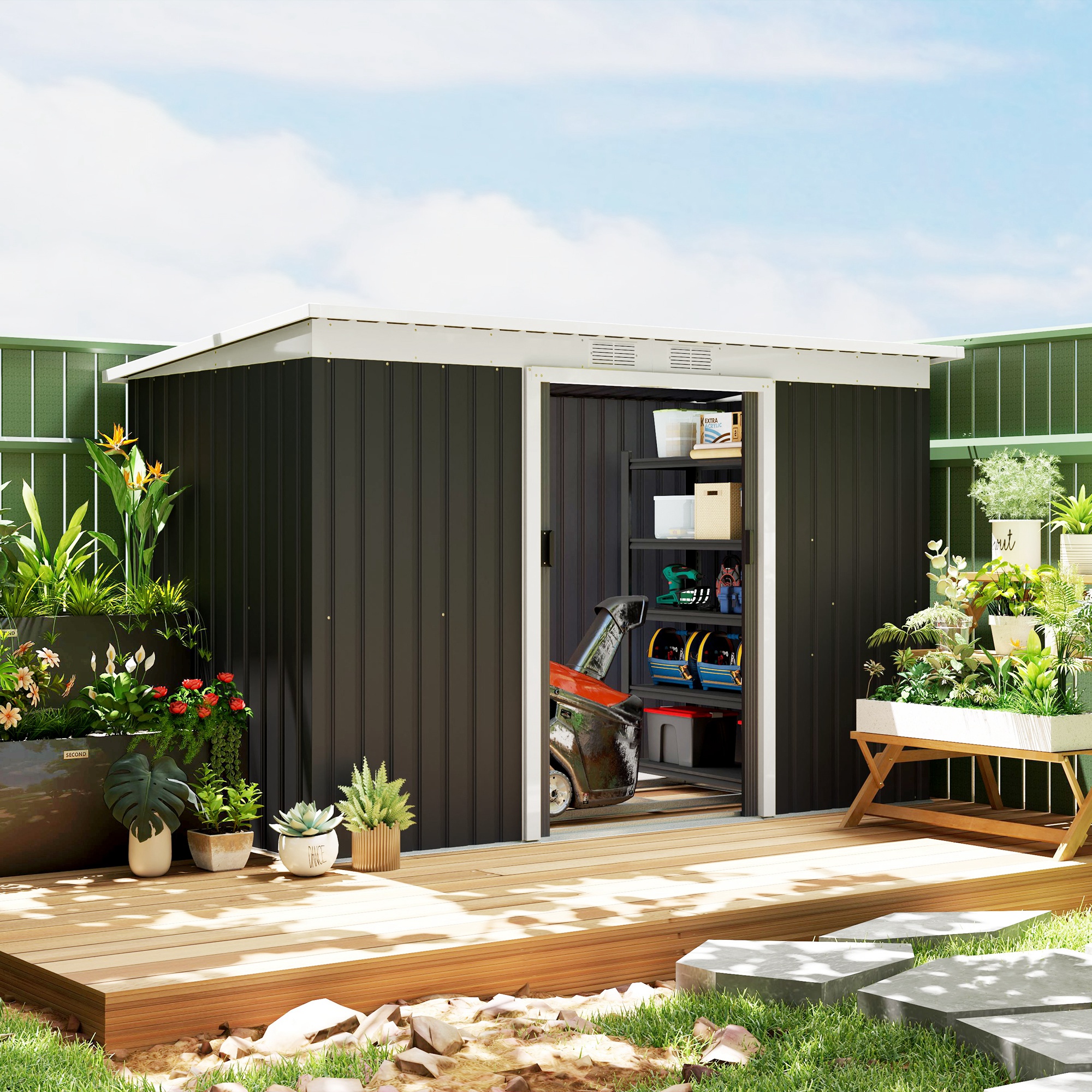 Gerätehaus, Gartenhaus, Geräteschuppen mit Schiebetür, Lüftungsfenster, Pultdach, Outdoor, Stahl, Dunkelgrau, 280 x 130 x 172 cm