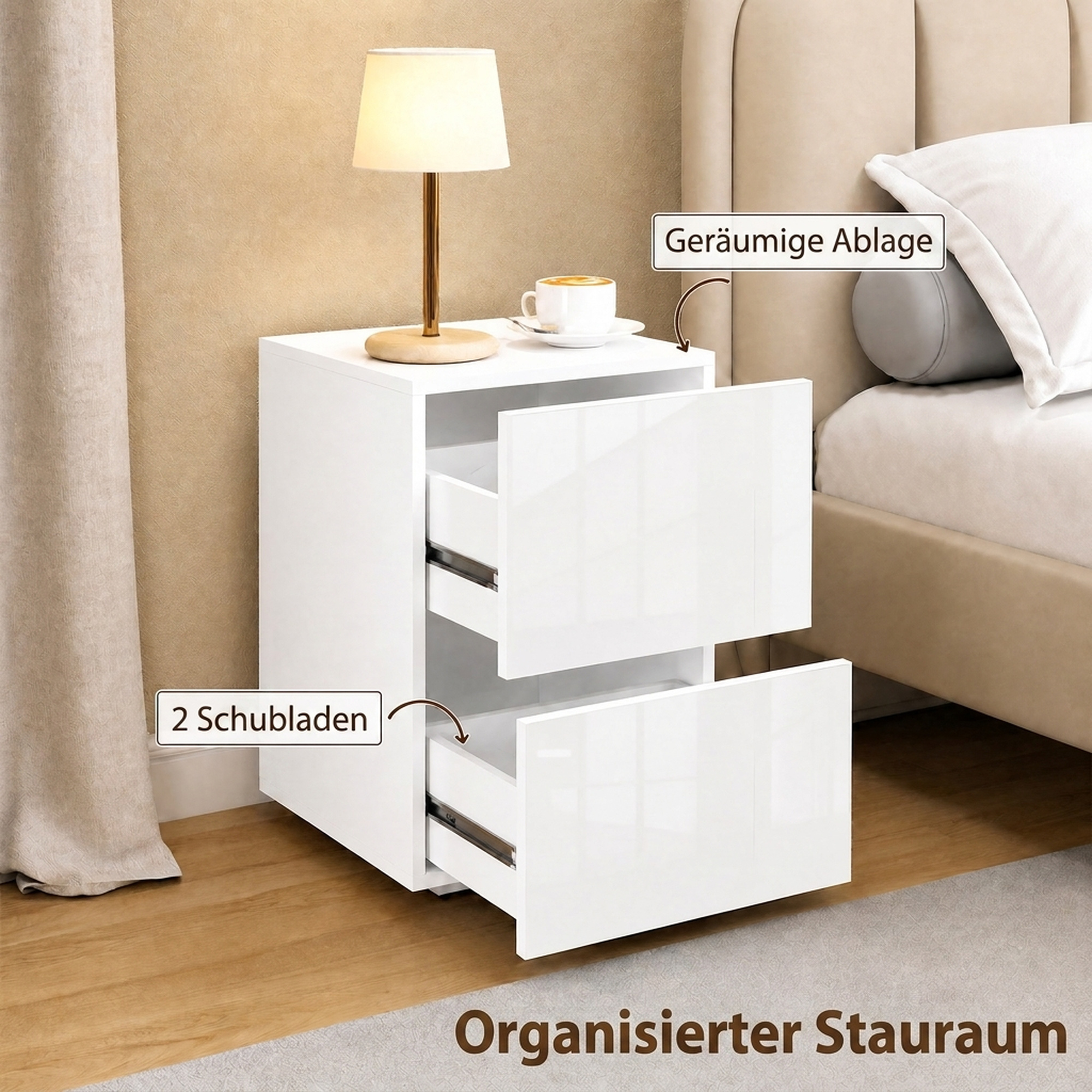Modernes 2er-Set Nachttische, schmale Beistelltische mit 2 Schubladen und Hochglanz-Fronten, weiß