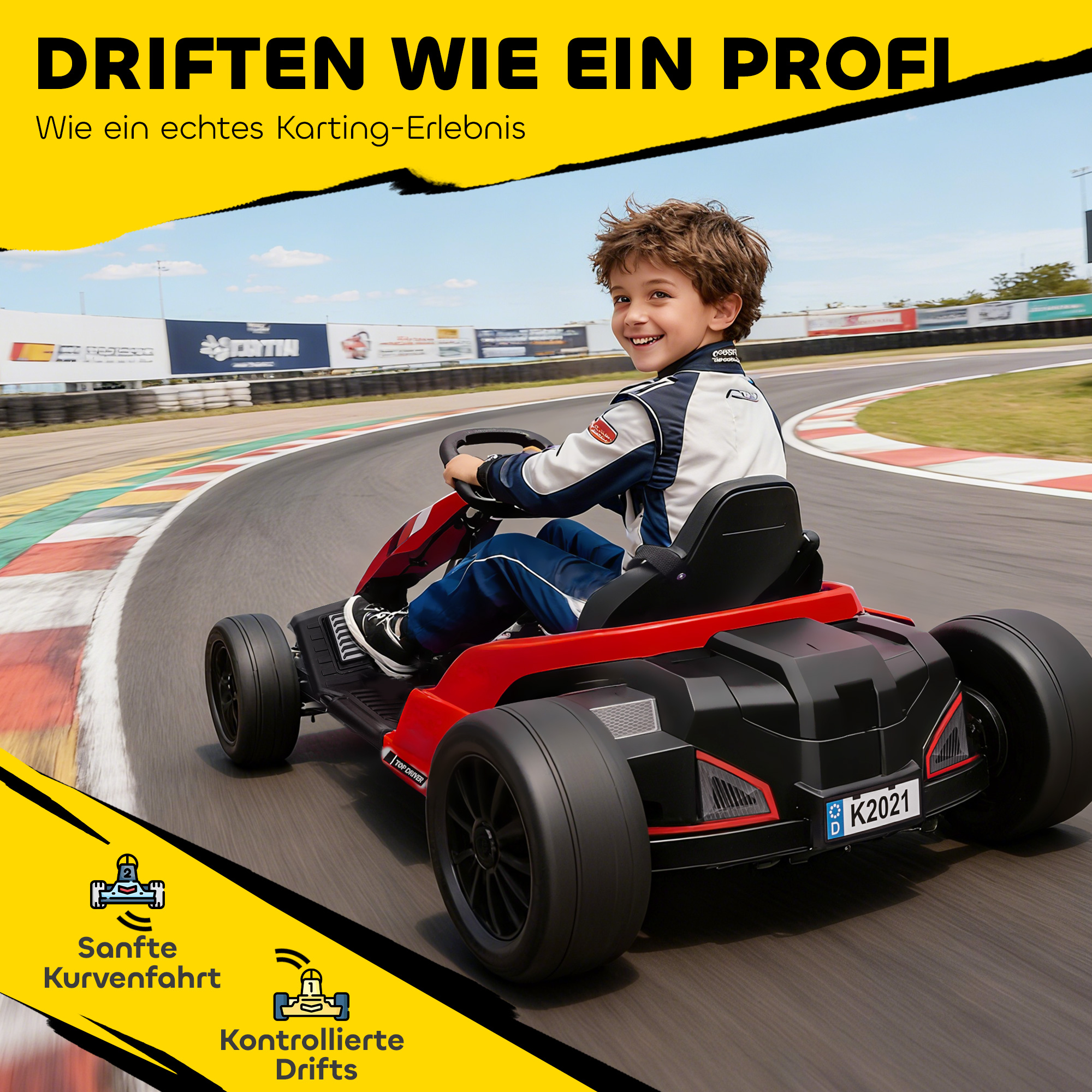 24V elektrisches Go-Kart, Drift-Modus, verstellbarer Sitz, 5-Punkt-Sicherheitsgurt, Musikfunktion, Hupe, 6-12 Jahre Rot