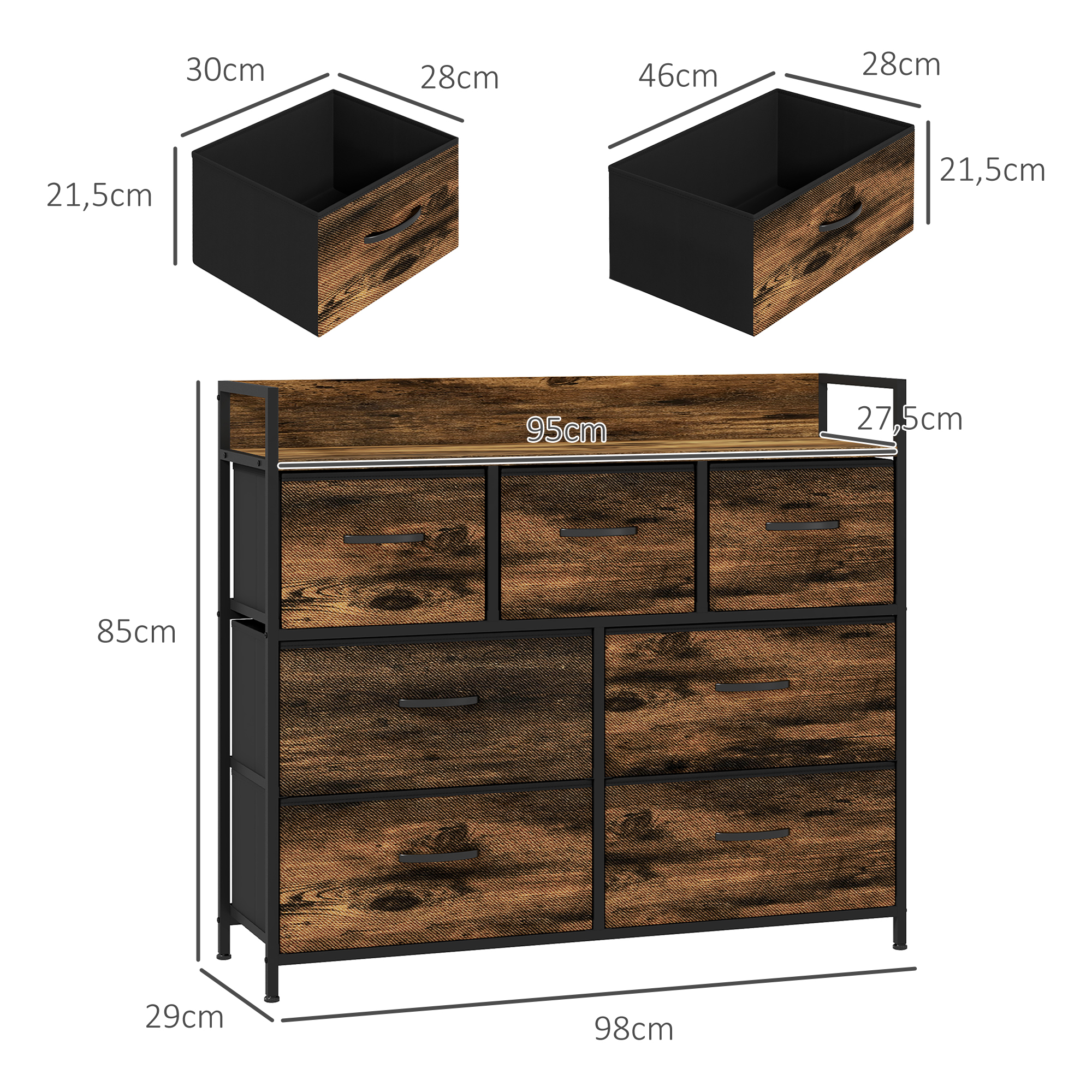 Kommode, Sideboard mit 7 Stoffschubladen, Industrial Design, Stahlrahmen, 98x29x85cm, Braun/Schwarz