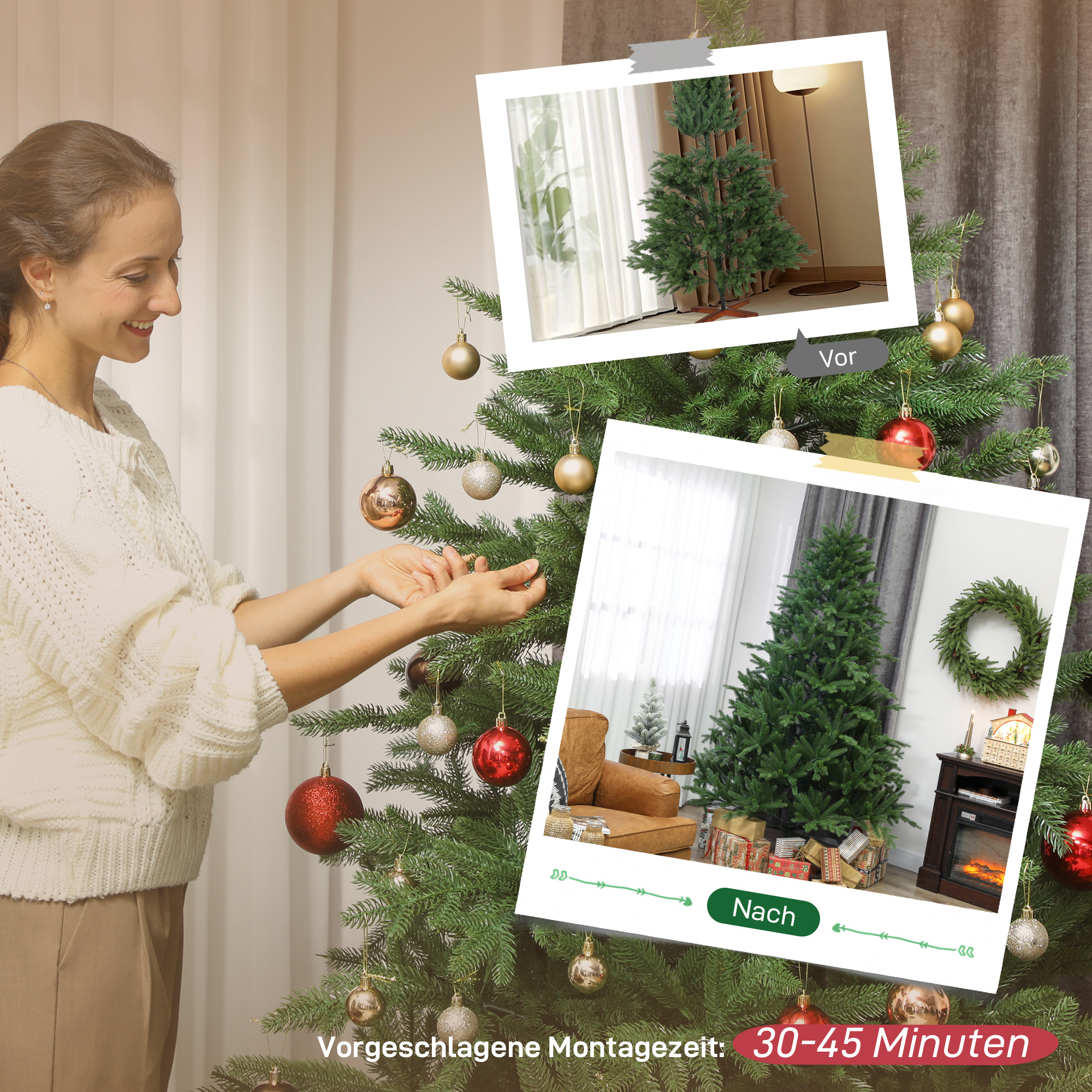Künstlicher Weihnachtsbaum, realistisches Aussehen, klappbare Zweige, Holzsockel