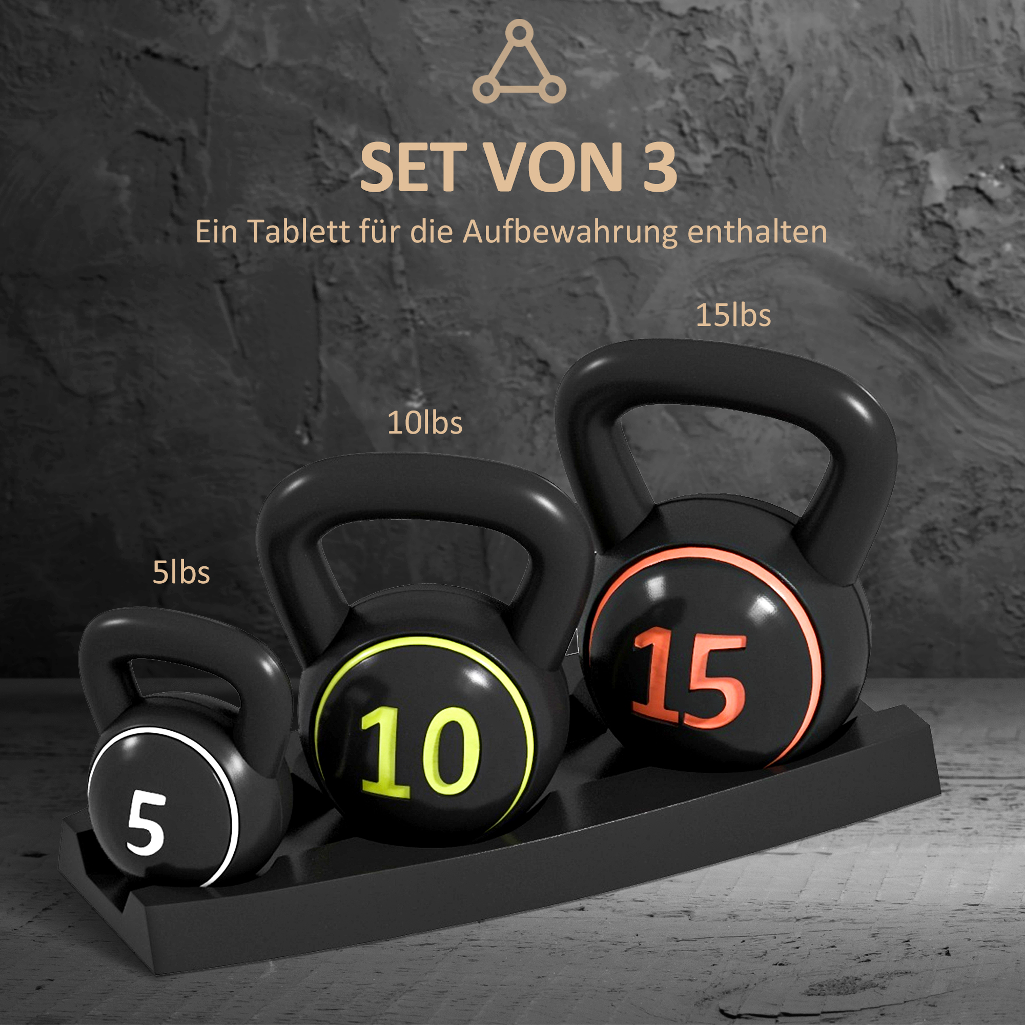 Kettlebell Set, 3 Kugelhanteln 2,2kg/4,5kg/6,8kg, Kunststoffhülle, Schwarz