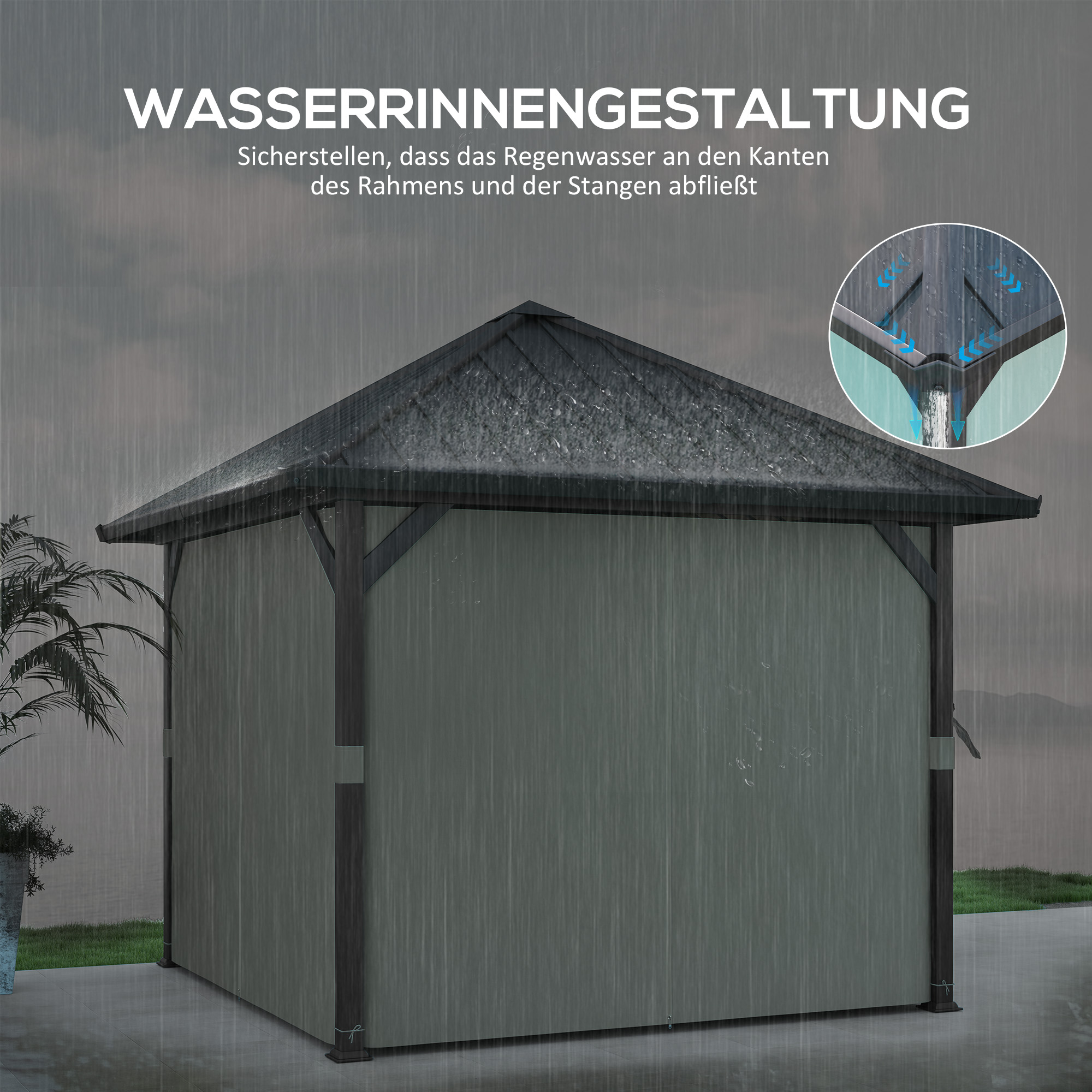 3 x 3 m Hartdach-Pavillon, Gartenpavillon mit Metalldach, Wasserfestes Gartenzelt mit Netz und Seitenwänden, Dunkelgrau