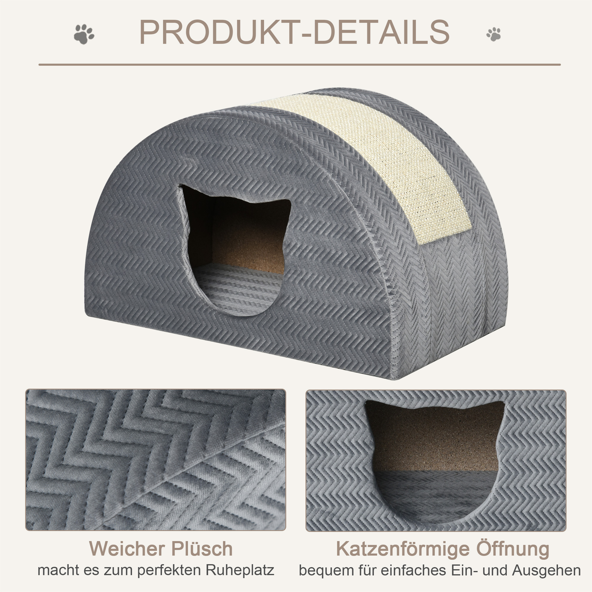 Katzenhöhle mit Kraztbrett Katzenbett Kratzhaus Katzenhaus Katzenwohnung Sisal Grau 48,5 x 30 x 30 cm