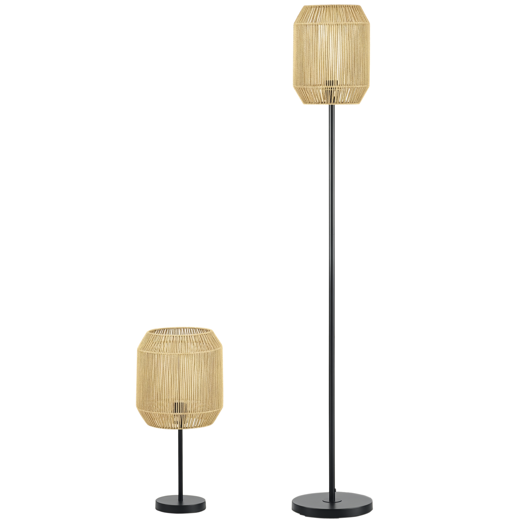 2-teiliges Leuchten-Set, 1 Stehleuchte, 1 Tischleuchte, 38 cm x 38 cm x 158 cm, Natur + Schwarz