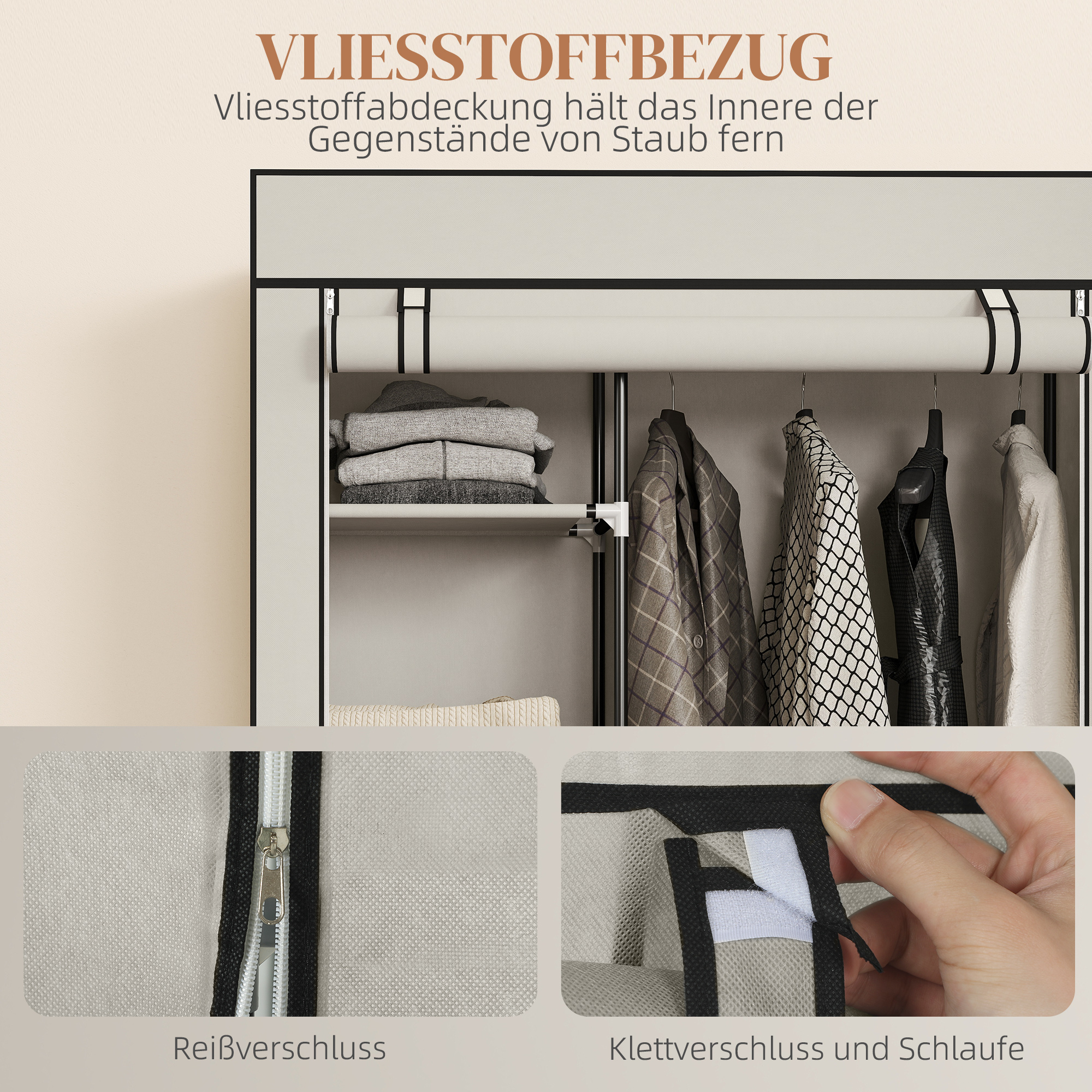 Schrank aus Stoff, Aufbewahrungslösung, 6 Regale, 1 Kleiderstange, Creme