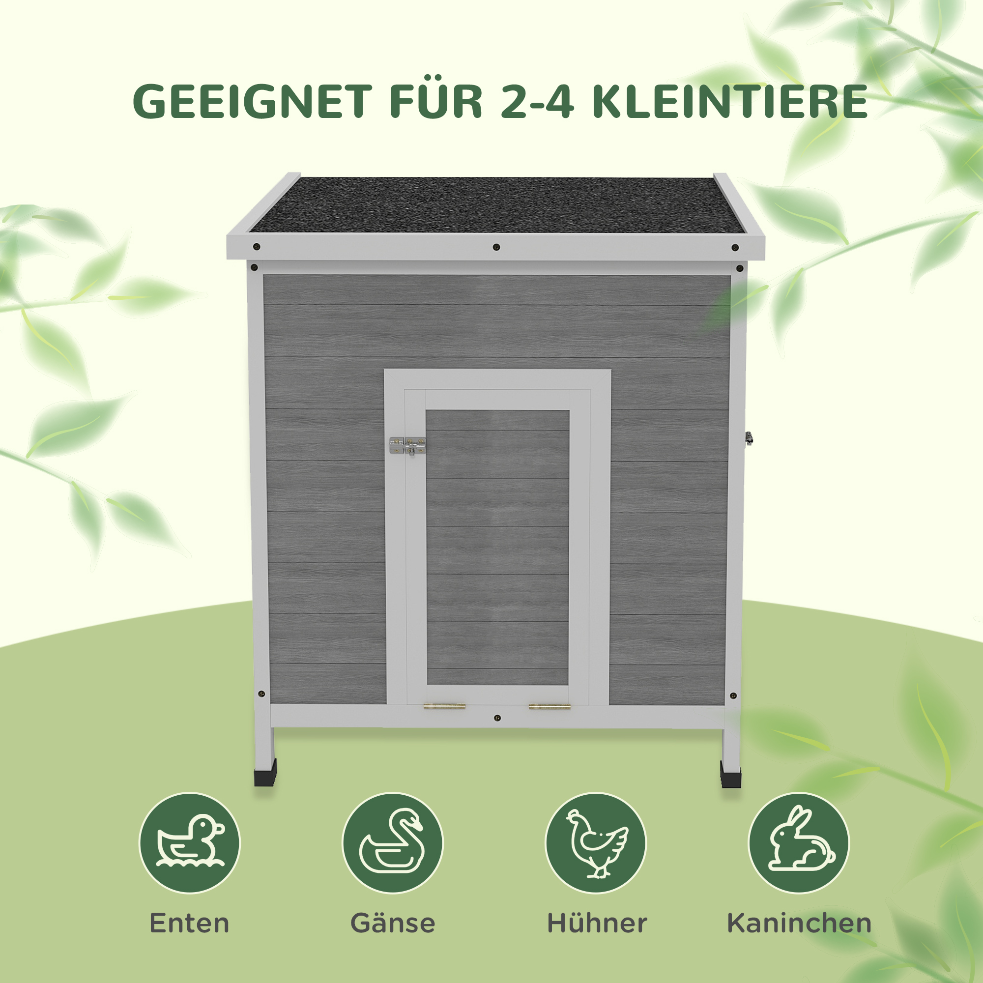 Entenstall Entenhaus aus Holz mit Asphaltdach, herausnehmbarem Boden, Seitentür, Geflügelstall mit Belüftungslöchern, wetterfest Gänsestall Hühnerhaus Hellgrau 63 x 82 x 76 cm