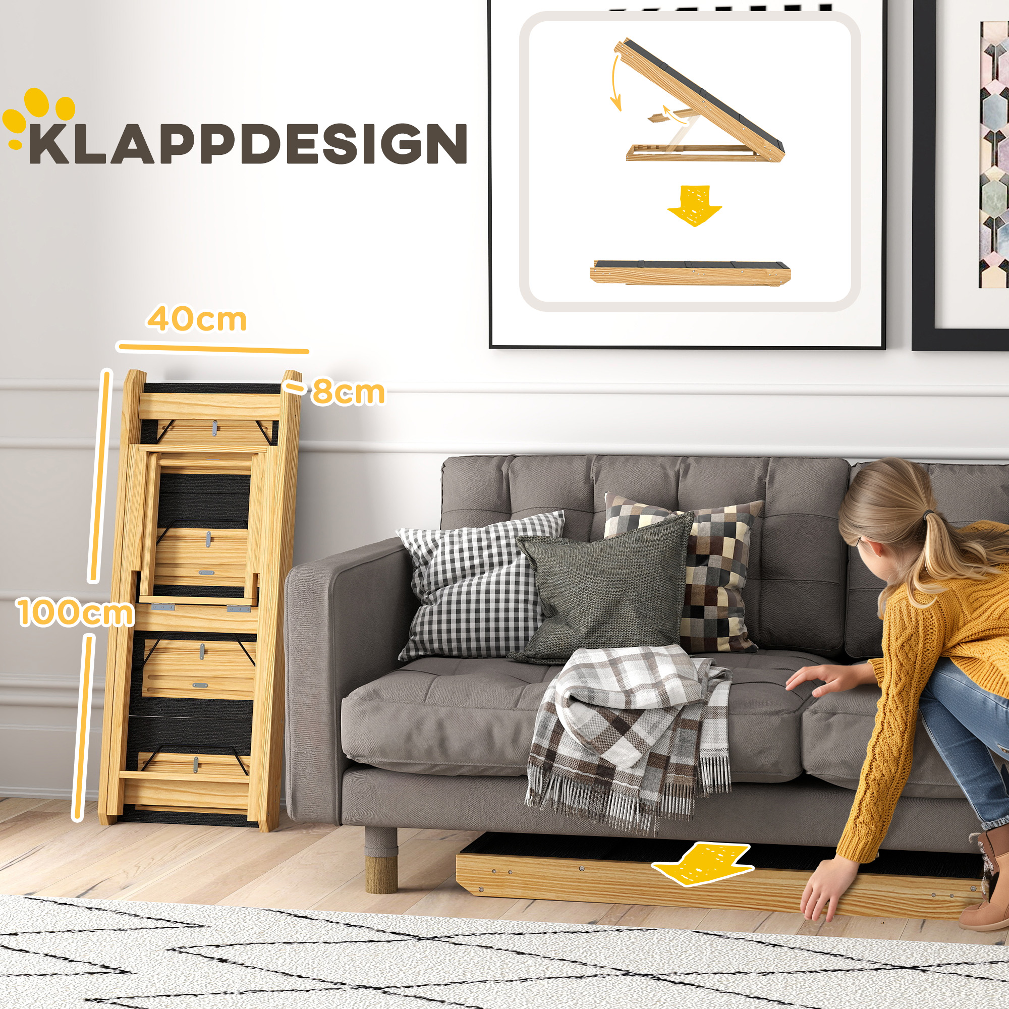 Hundetreppe, Hunderampe, höhenverstellbar, rutschfest, faltbar, 83x40x62,5 cm, Holz/Weiß