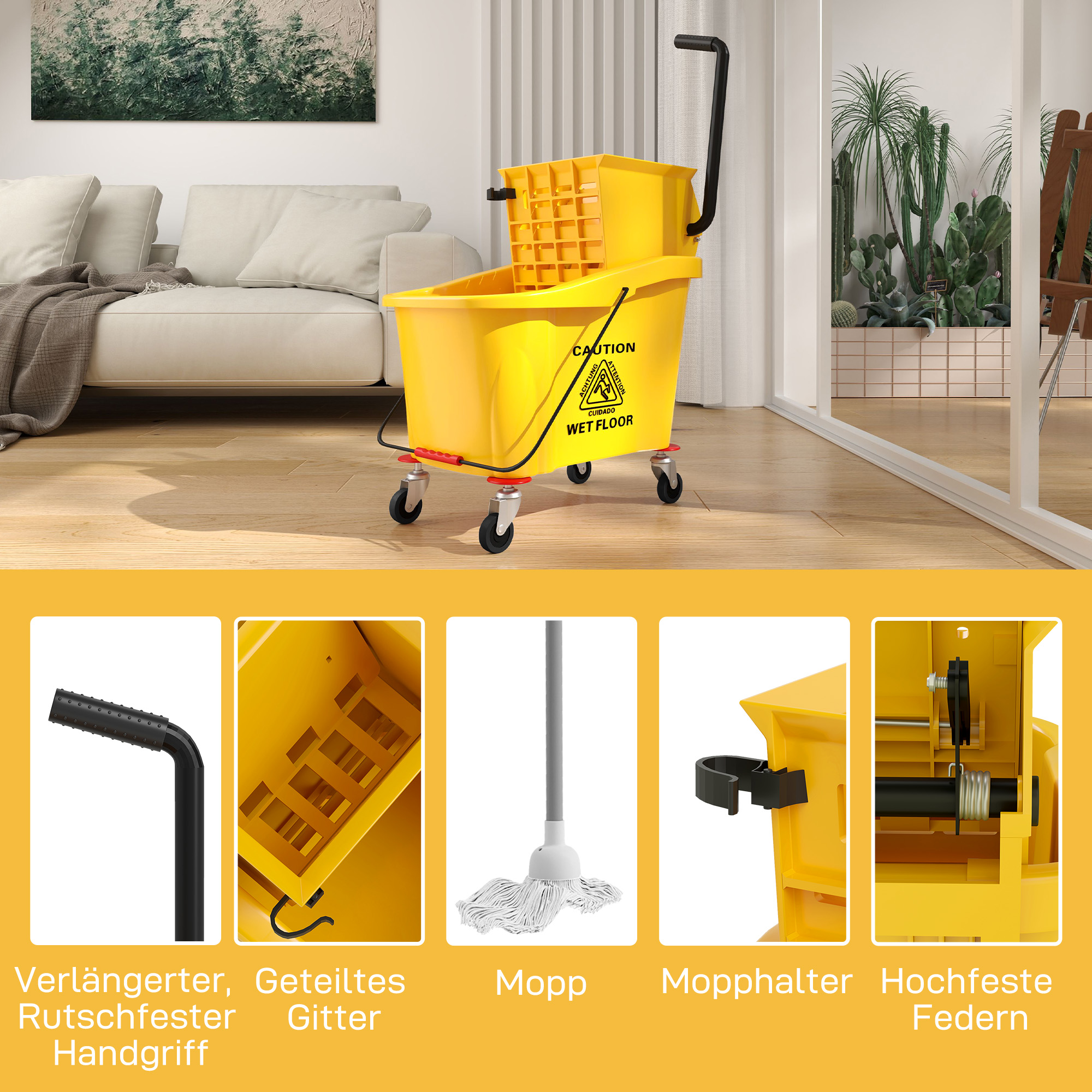 Wischeimer auf Rädern mit Mopp-Auswringer, Mopp-Halter, 36 Liter, Kunststoff, Gelb