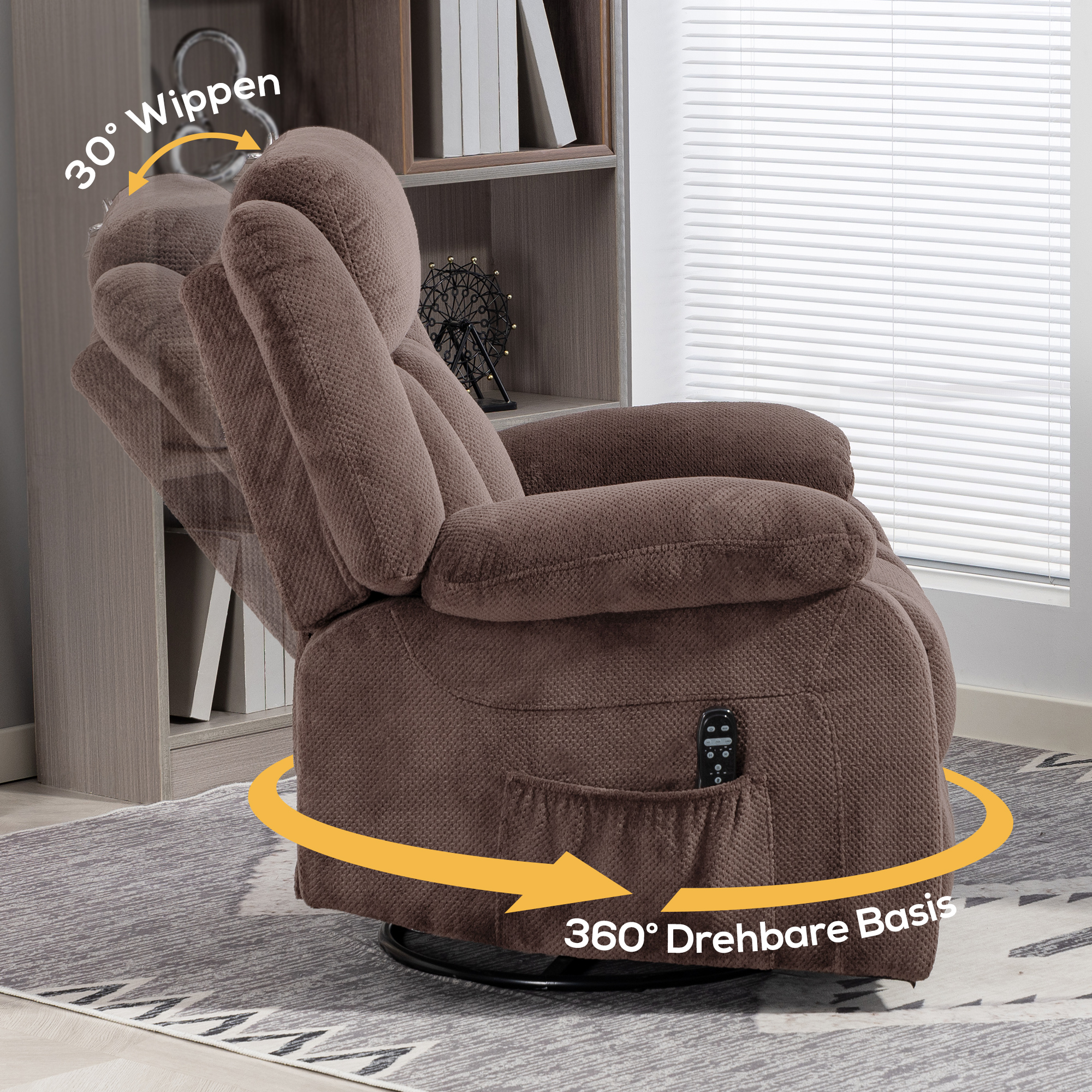 Massage-Sessel, 8 Vibrationspunkte, 5 Modi, Lendenheizung, verstellbar, drehbar, Polstersessel, Braun