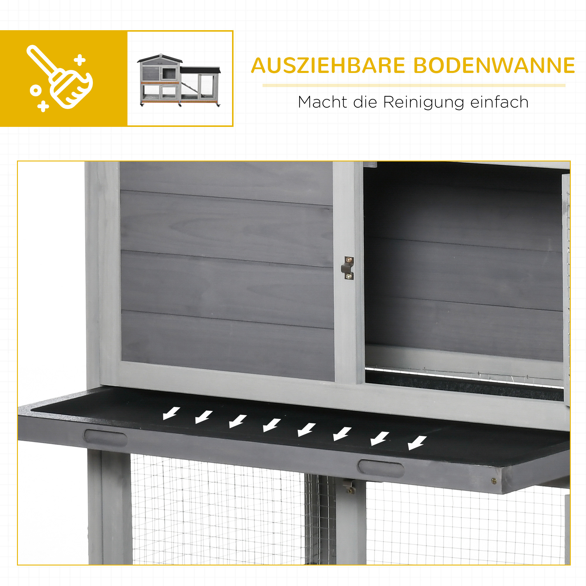 Hasenstall 2 Etagen Kaninchenstall aus Holz 157,4 x 53 x 99,5 cm Kaninchenkäfig mit wetterfest Bitumendach, Freilaufgehege, Rampe, Tür, Stahlgitter, Hasenkäfig für Kaninchen, Outdoor Grau