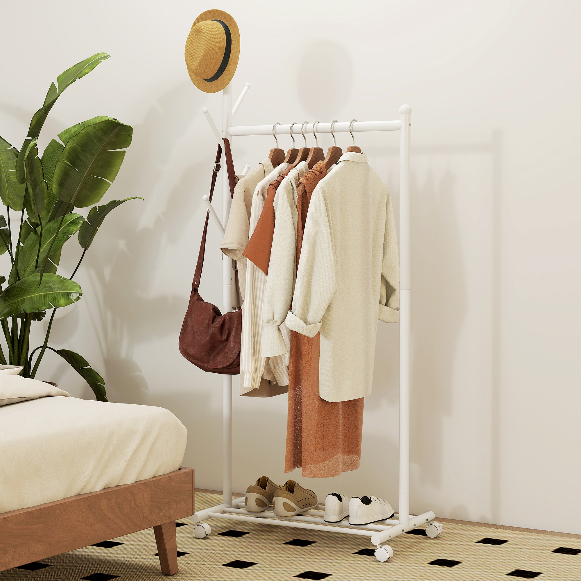 Kleiderständer mit Rolle, mobiler Garderobenständer mit Kleiderstange, 5 Haken, Schuhregal Weiß