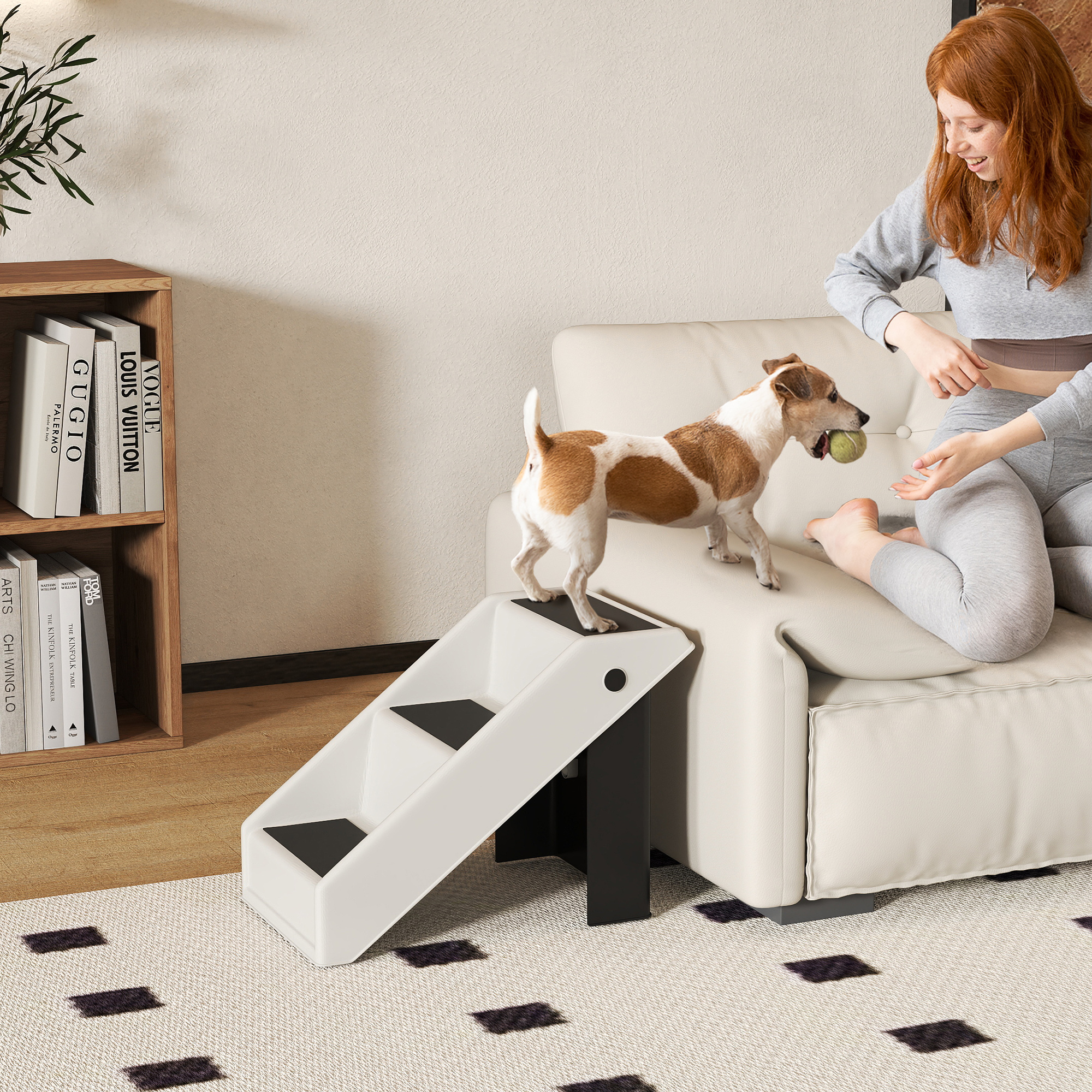 Hundetreppe 3 Stufen 36,5 cm Hoch Haustiertreppe für Kleine Hunde klappbar für Bett, Sofa, Couch Auto Cremeweiß