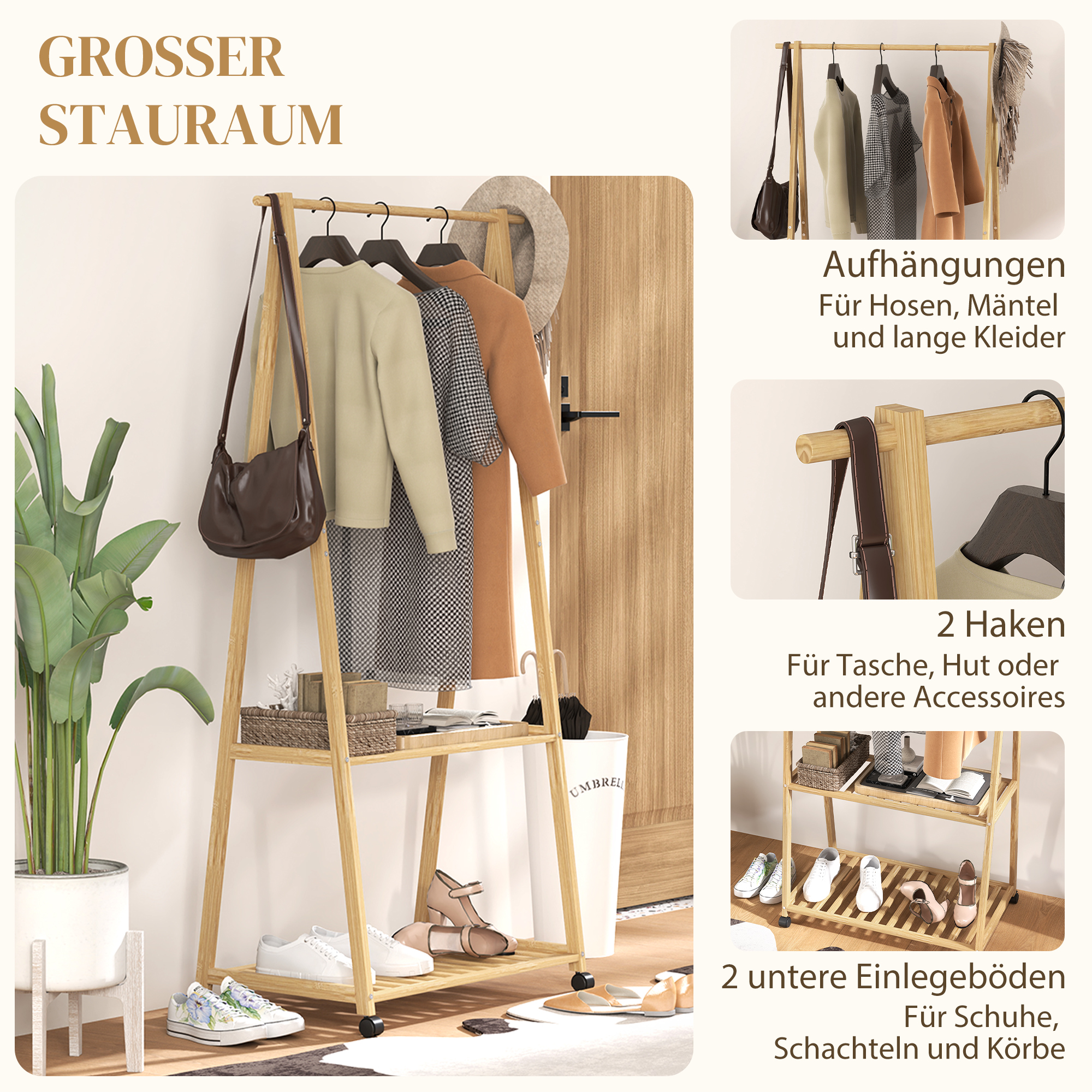 Kleiderständer, 2 untere Regale, 67 cm lange Kleiderstange, Bambusholz, Rollen