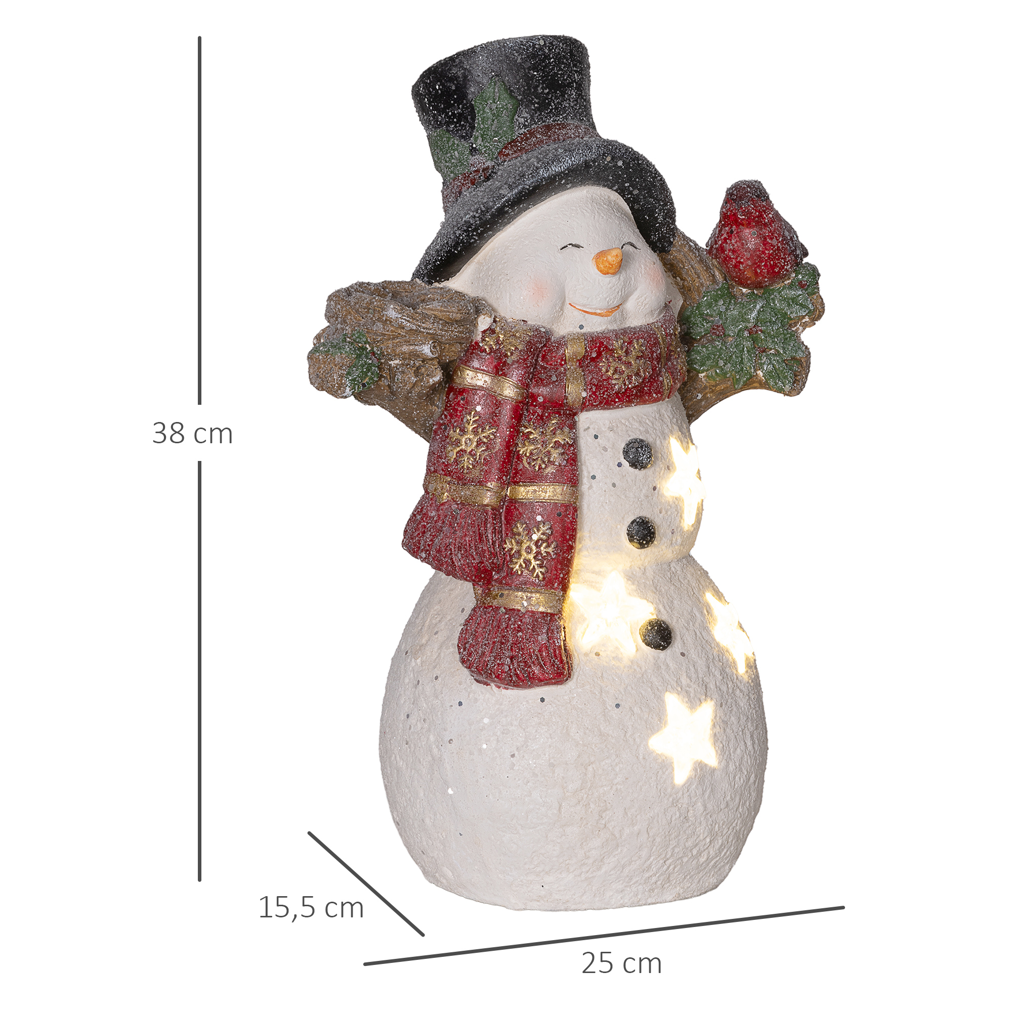 Weihnachtsdeko, Schneemann mit Vogel, 4 warmweiße LEDs, batteriebetrieben, 25 x 15,5 x 38 cm