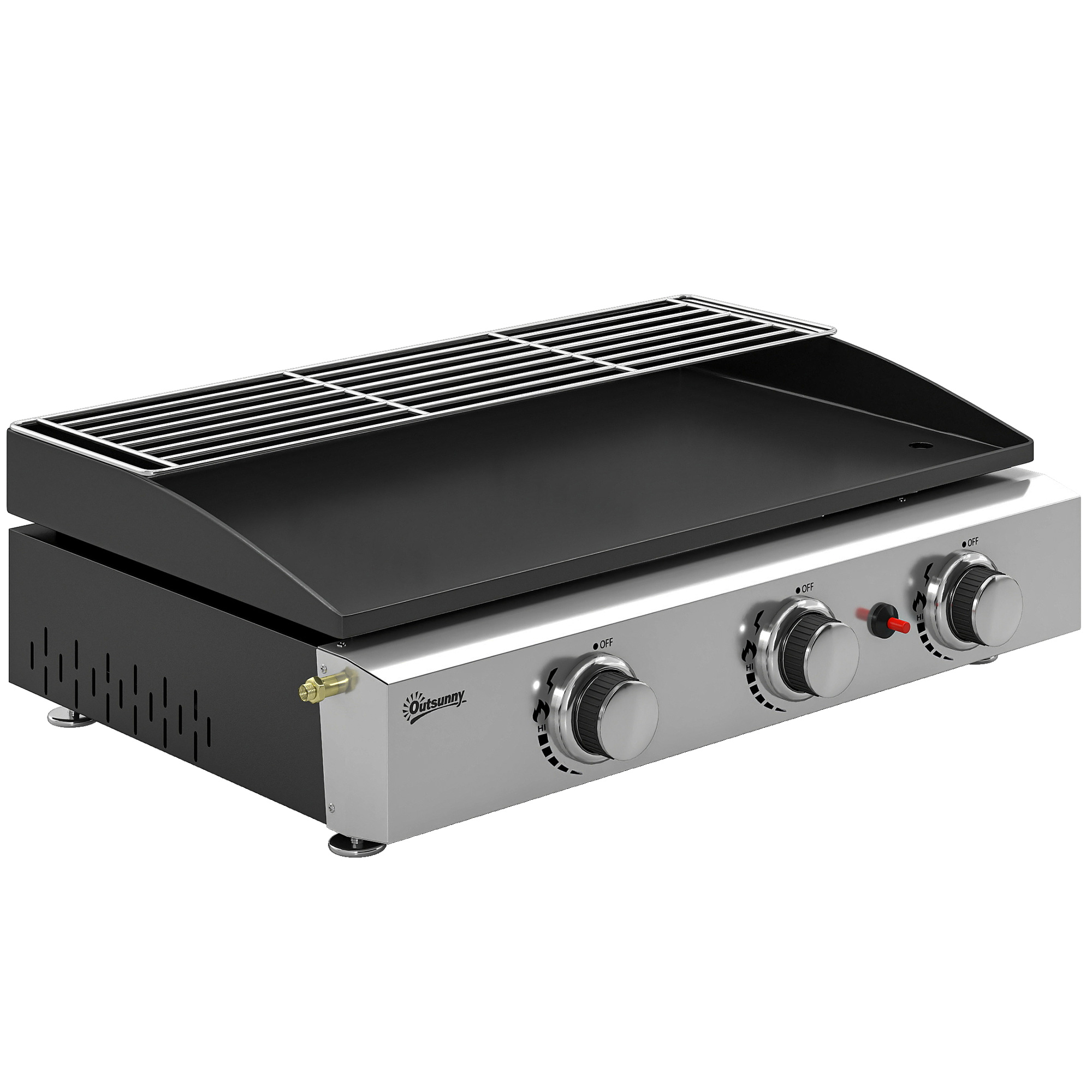 Gasgrill 7,5 KW Tragbarer Tischgrill mit 3 Brenner Keramische Lackbeschichtung Grillrost Warmhalterost