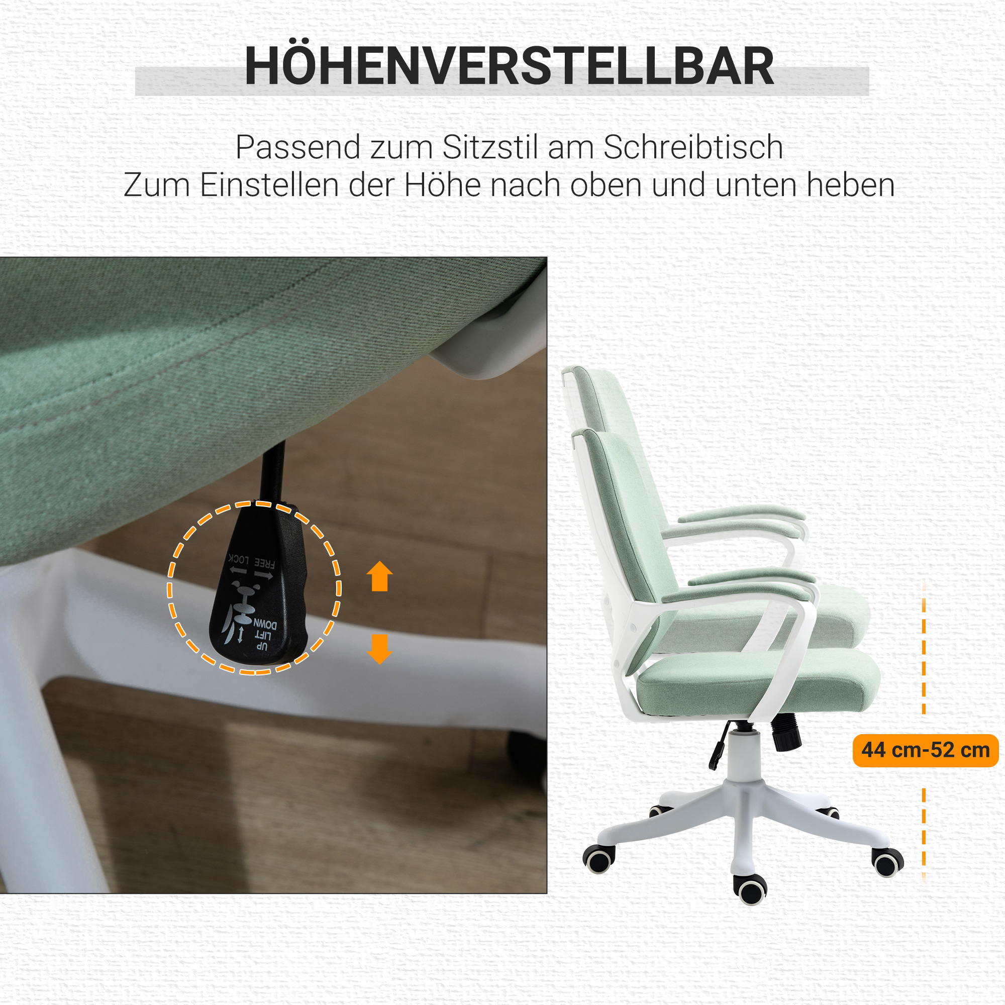 Bürostuhl Schreibtischstuhl Home-Office-Stuhl mit Wippenfunktion Rückenlehne höhenverstellbarer dick gepolstert ergonomisch 360°-Drehräder Polyester Nylon PP Grün+Weiß 62x69x92-100 cm