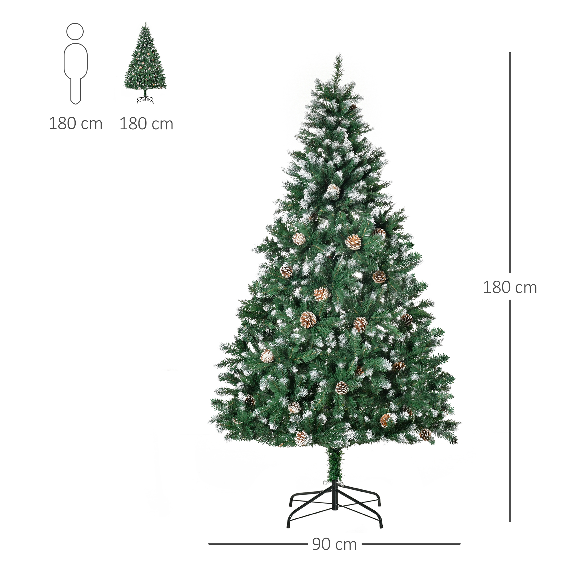 Künstlicher Weihnachtsbaum 180 cm Kieferbaum künstlich mit 59 Zapfen, Schnee, 1111 Spitzen für drinnen