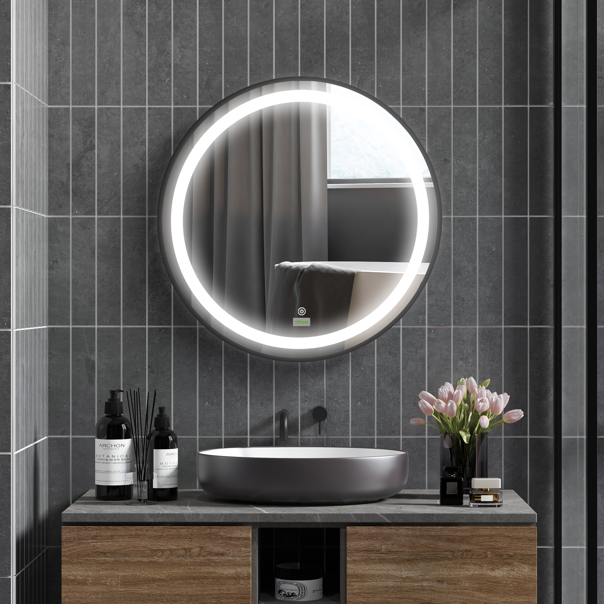 Badezimmerspiegel, LED-Beleuchtung, dimmbar, 3 Lichtfarben, Metallrahmen, Ø60 cm, Schwarz