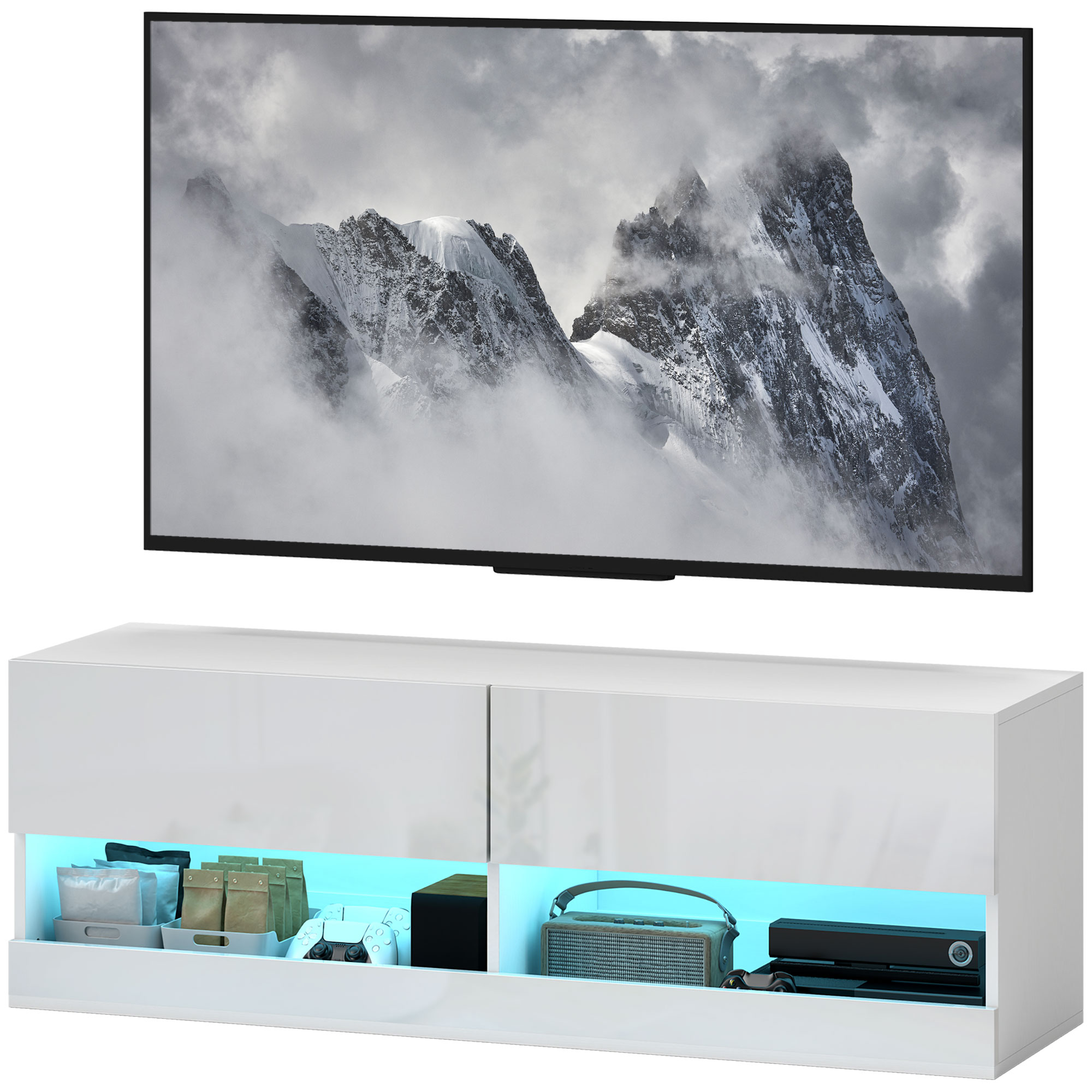 TV-Hängeschrank mit LED-Beleuchtung, 16 Blinkmodi, Wandmontierter TV-Schrank, Offene Regale, 120 x 35 x 40,5 cm, Weiß