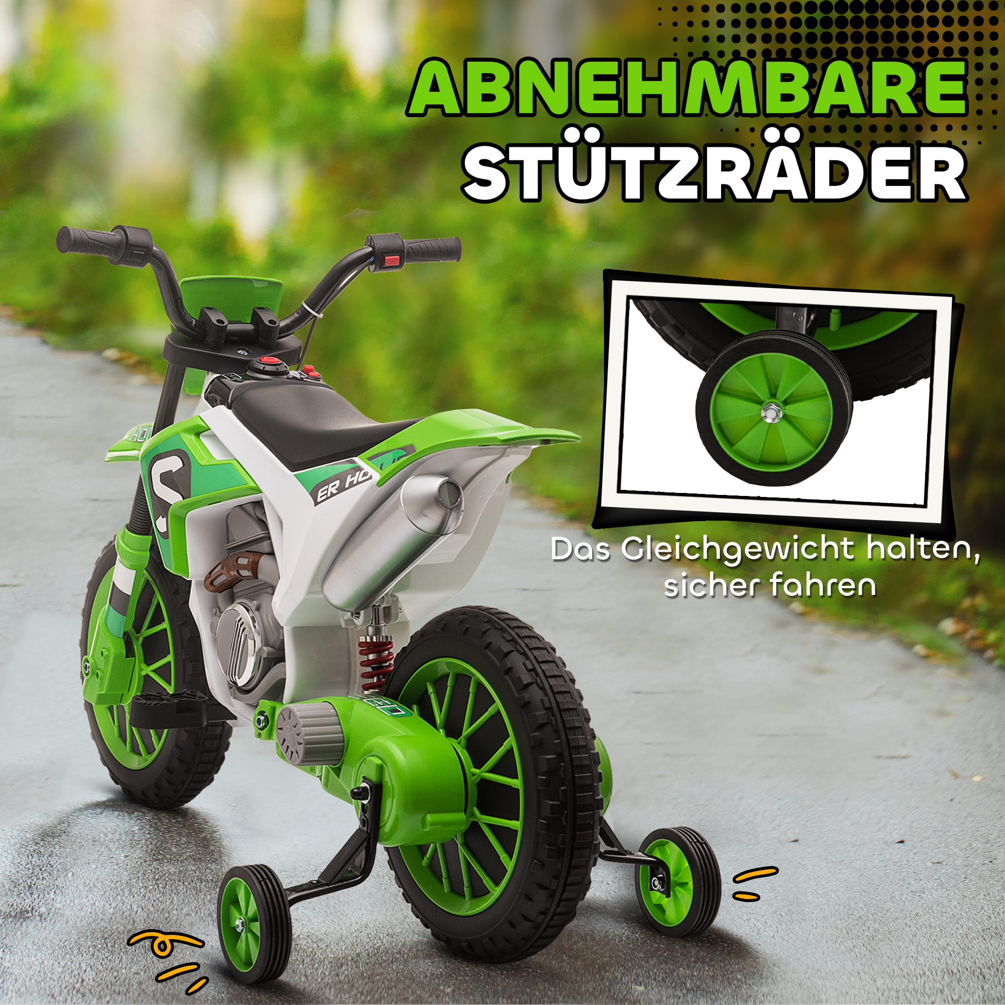 Kindermotorrad, mit Stützrädern, ab 3 Jahre, grün & weiß