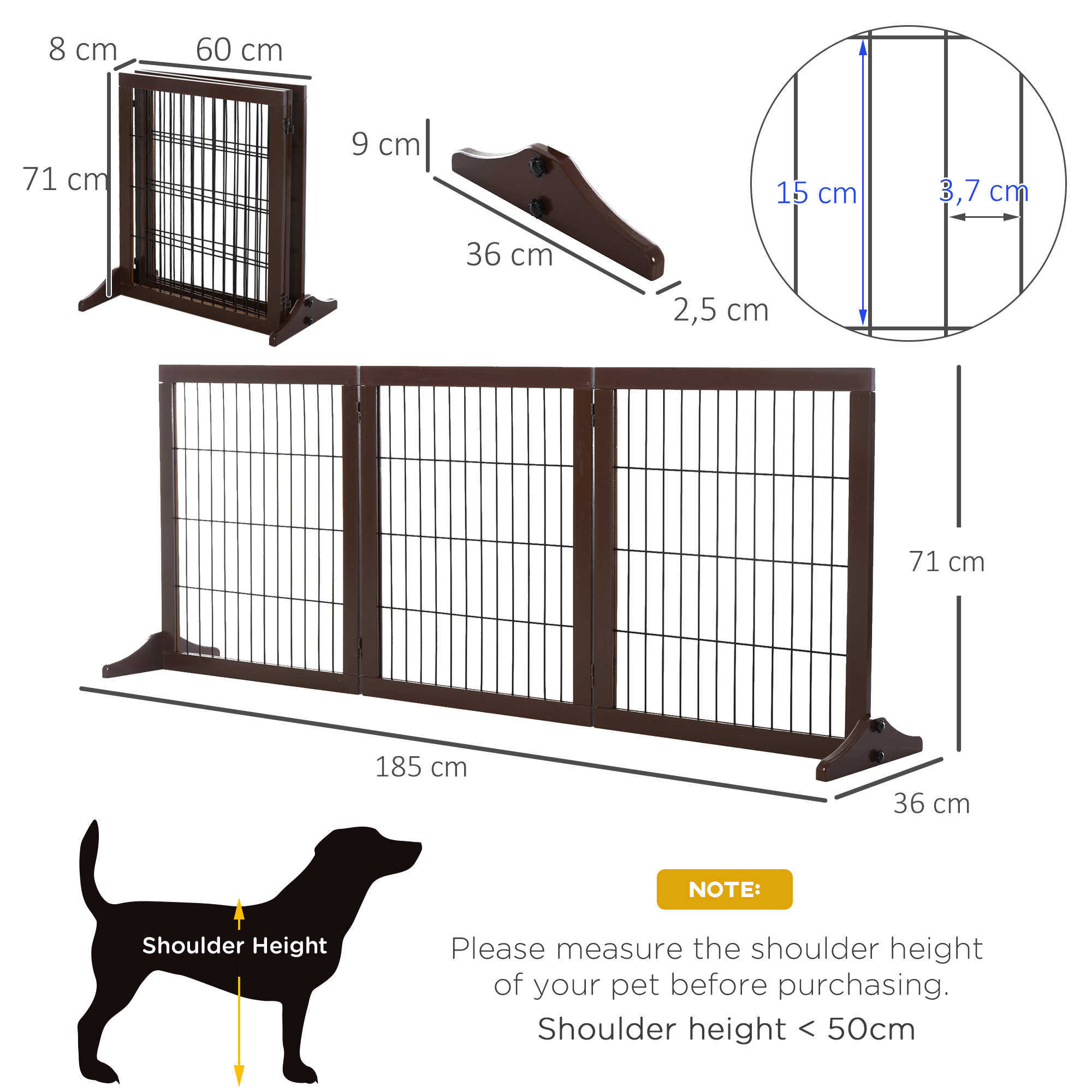 Absperrgitter Hund Freistehendes Schutzgitter mit Füßen 185 x 71 cm Holz Hundegitter Treppenschutzgitter Treppengitter Hundeabsperrgitter für Treppen, Türen, Küche, Flur, 3 Paneelen, Braun