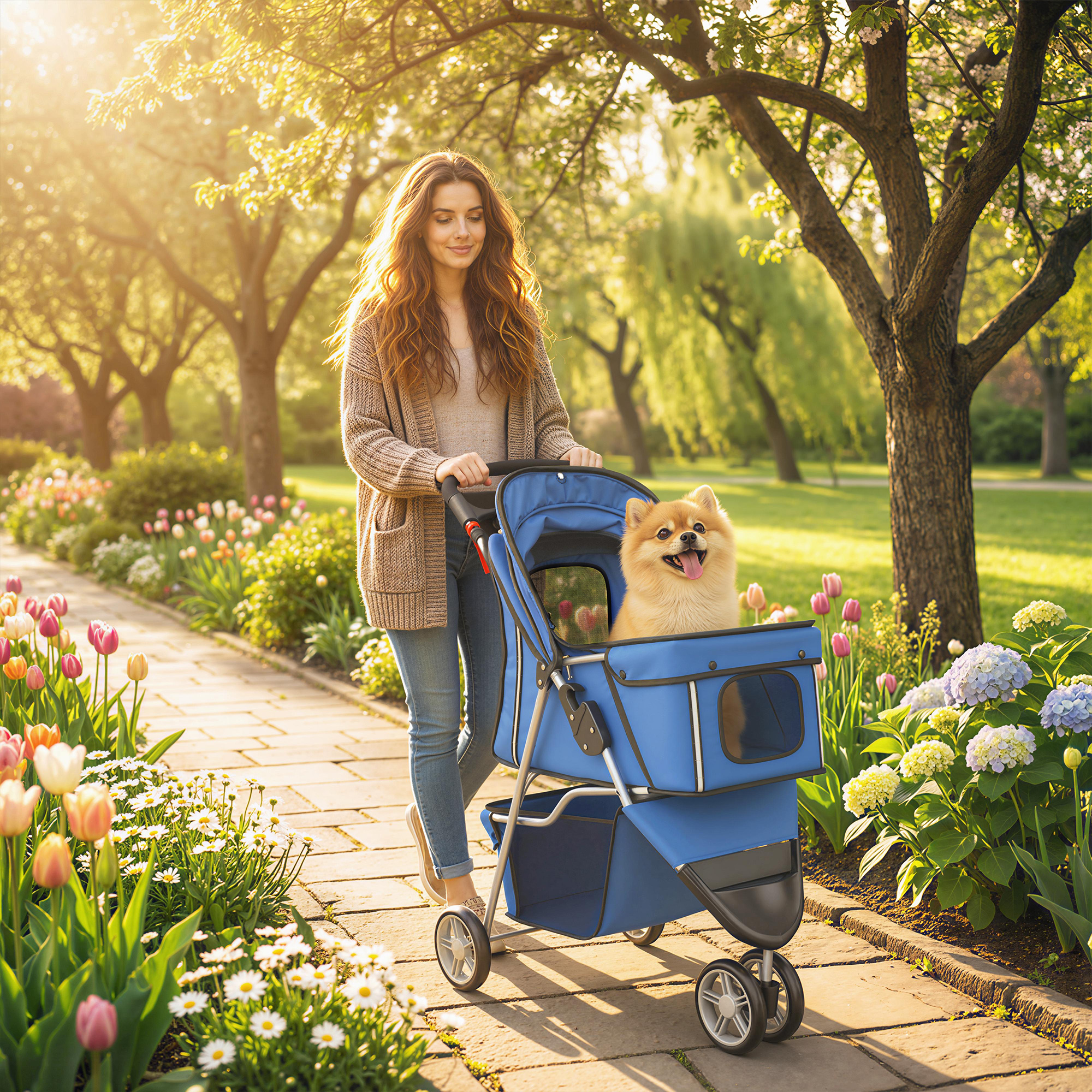 Hundewagen Hundebuggy Faltbar bis 10kg mit Aufbewahrungskorb, Kissen, Netzfenstern, für kleine Hunde, 77x44x102cm Blau