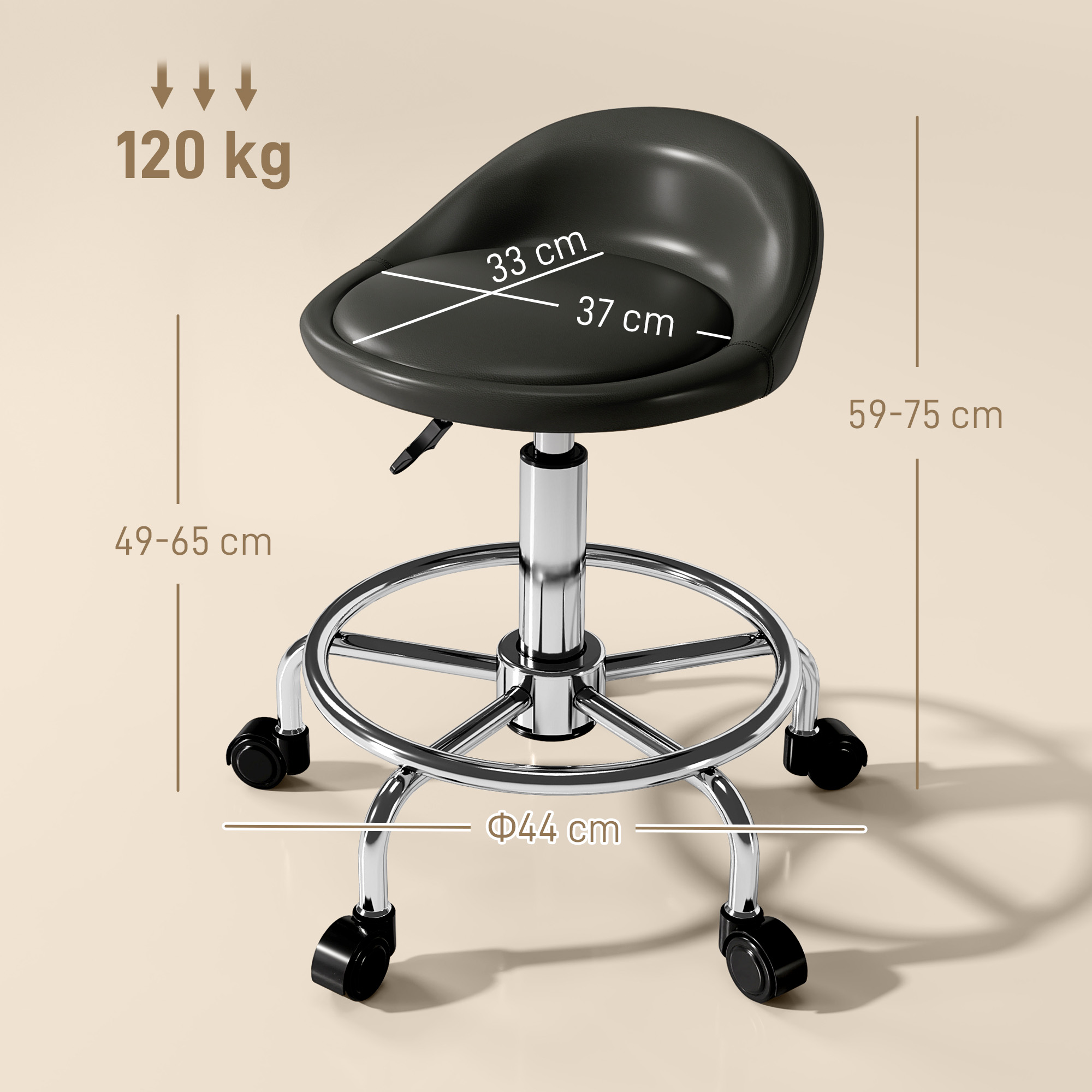 Rollhocker höhenverstellbar mit Rückenlehne Drehhocker 59-75 cm Arbeitshocker 360° drehbar Schwarz