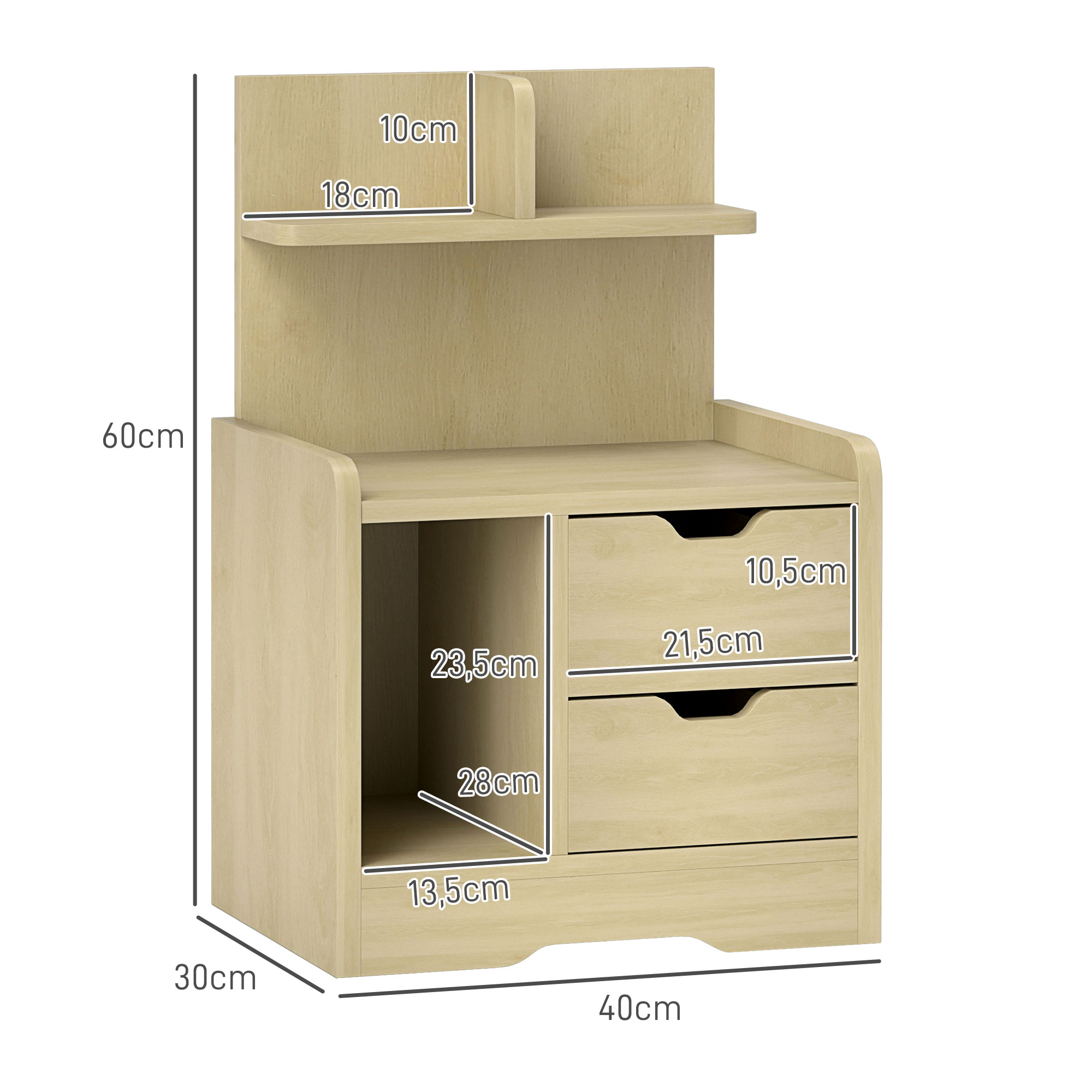 Nachttisch mit 2 Schubladen, offener Ablage, 40x30x60 cm, Holzdekor