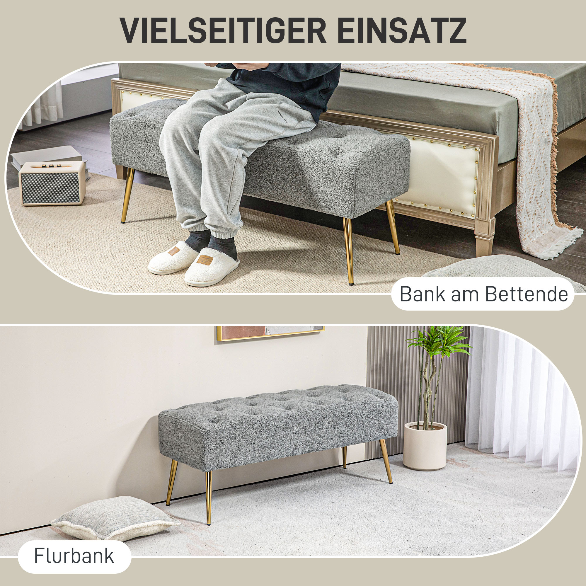 Bettbank, Sitzbank, weicher Bezug in Lammwoll-Optik, bis 120 kg, vergoldete Stahlbeine, 112x41x46cm, Grau