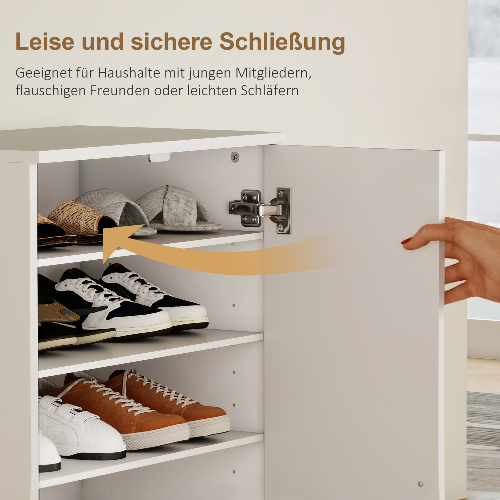 Schuhschrank mit Soft-Close-Scharnieren, verstellbare Regale, 6-stufiges Schuhregal für Flur, Eingangsbereich, für 14 Paare, 55 x 35 x 108 cm, Holz, Weiß
