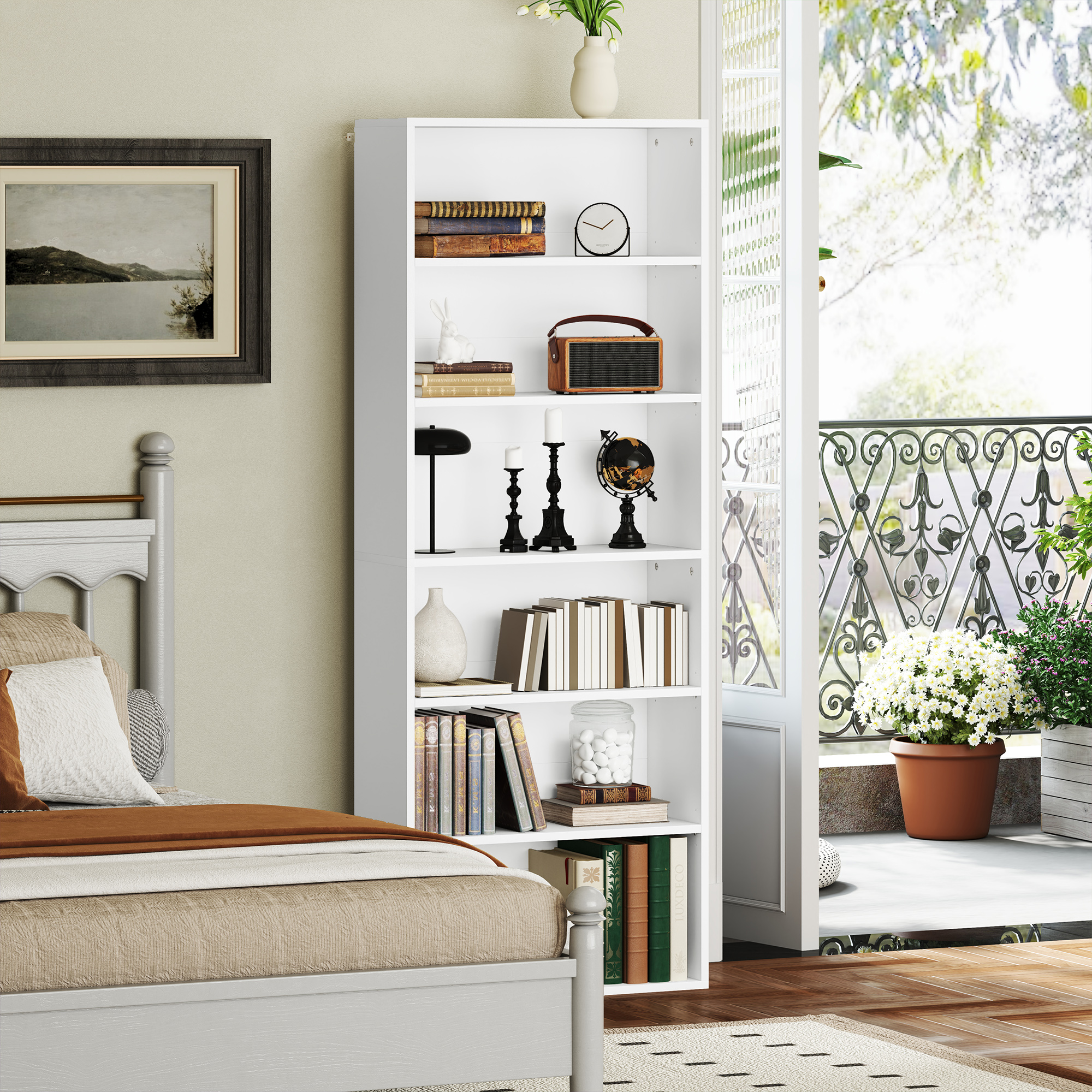 Bücherregal, 6 Fächer, verstellbare Regale, Spanplatte, 60 x 24 x 158,5 cm, Weiß