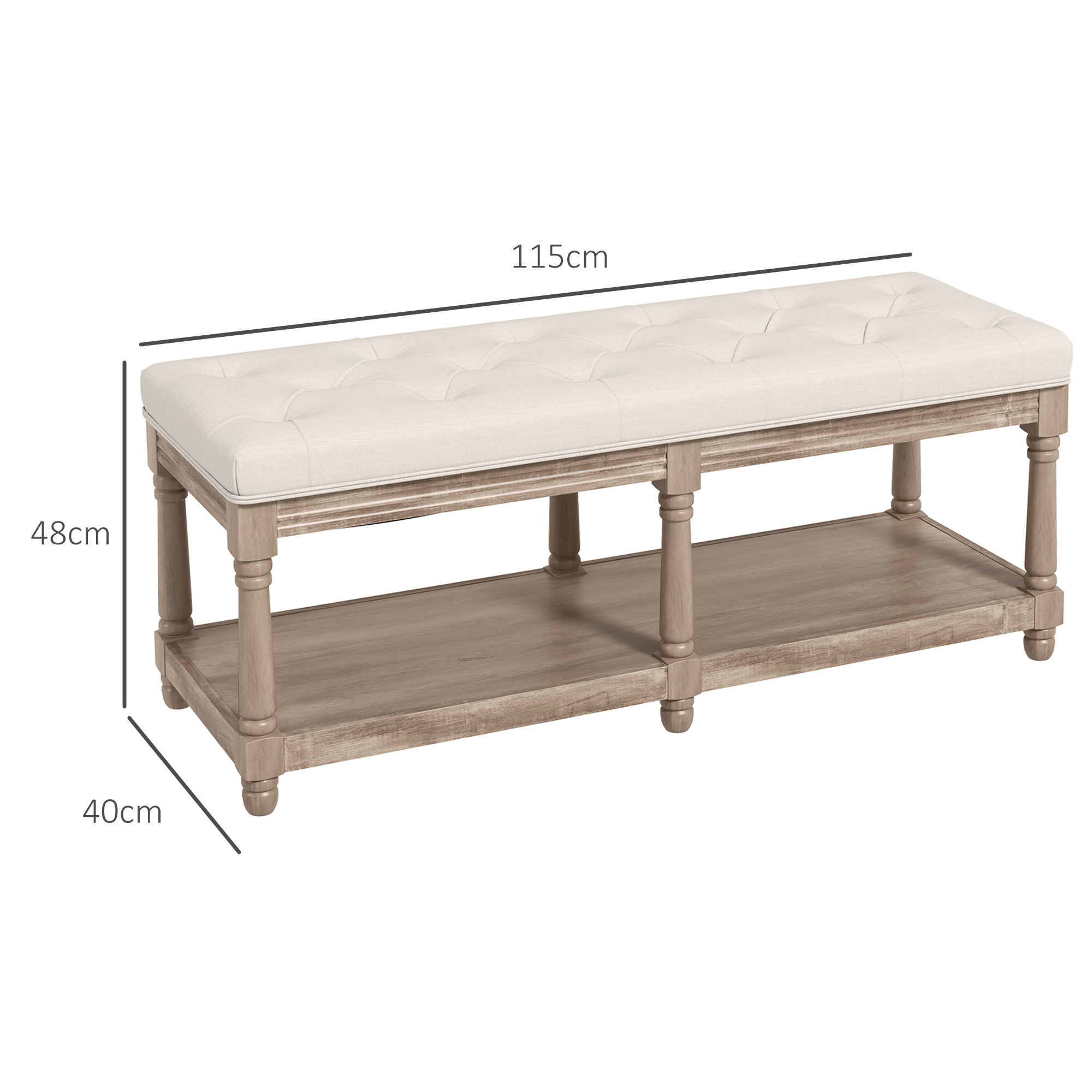 Sitzbank mit Stauraum, Vintage-Design, Knopfheftung, Kautschukbaumholz, 115x40x48cm, Cremeweiß